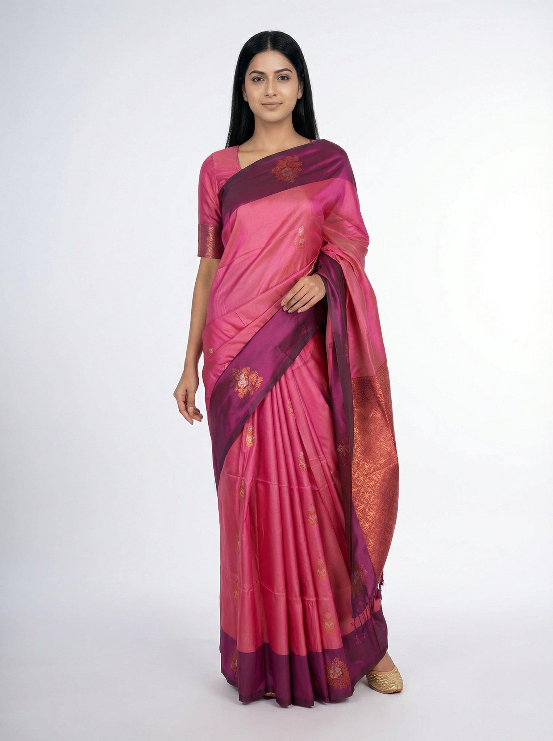 Semi Silk Women’s Pinkish Peach Saree with Butta Work & Wine Border