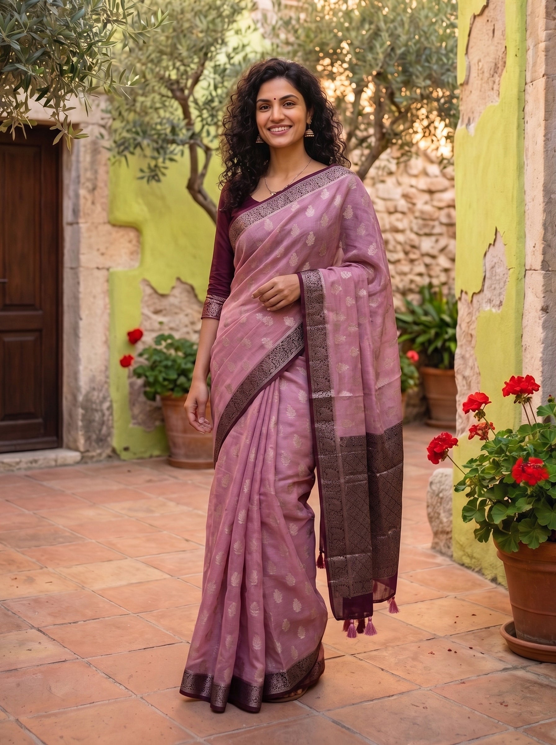 Semi Tussar Dusty Pink Gold Butta Traditional Saree