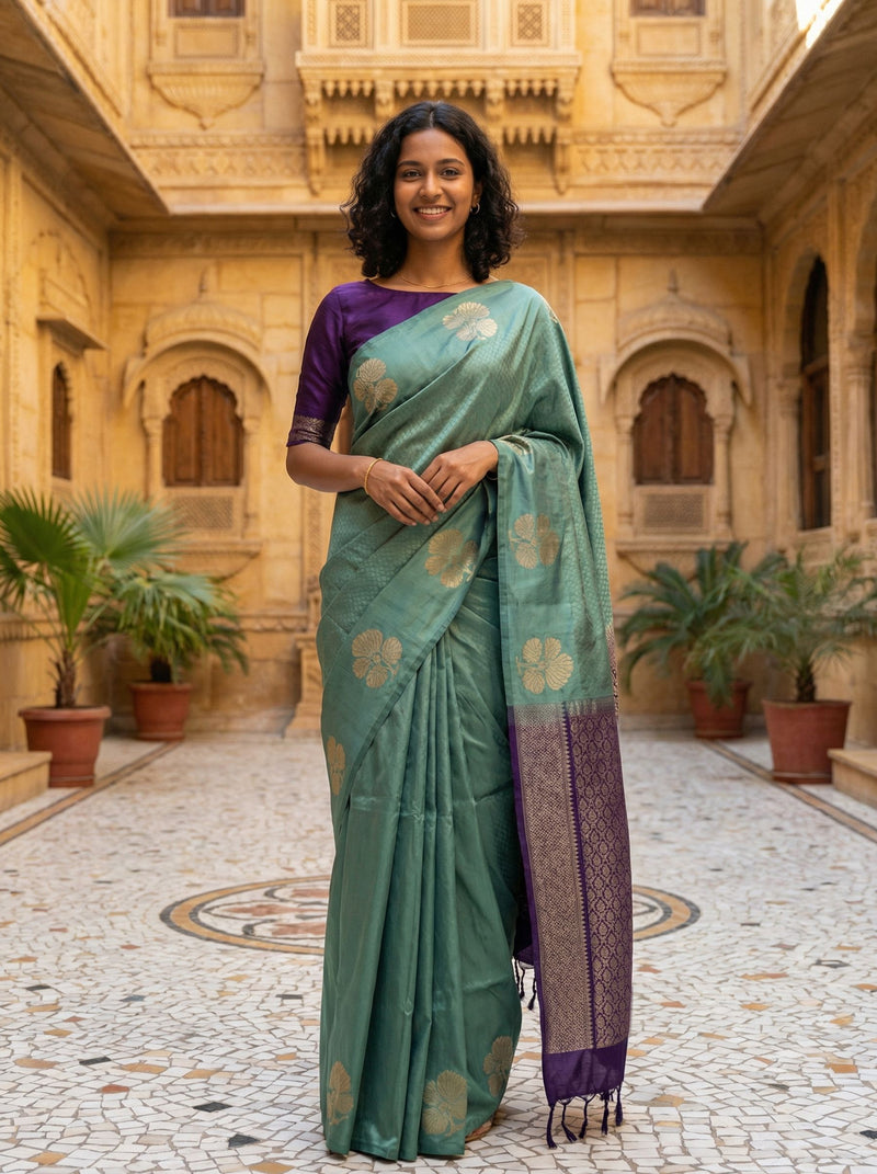 Woman in a green saree with a purple blouse standing in an architectural courtyard.
