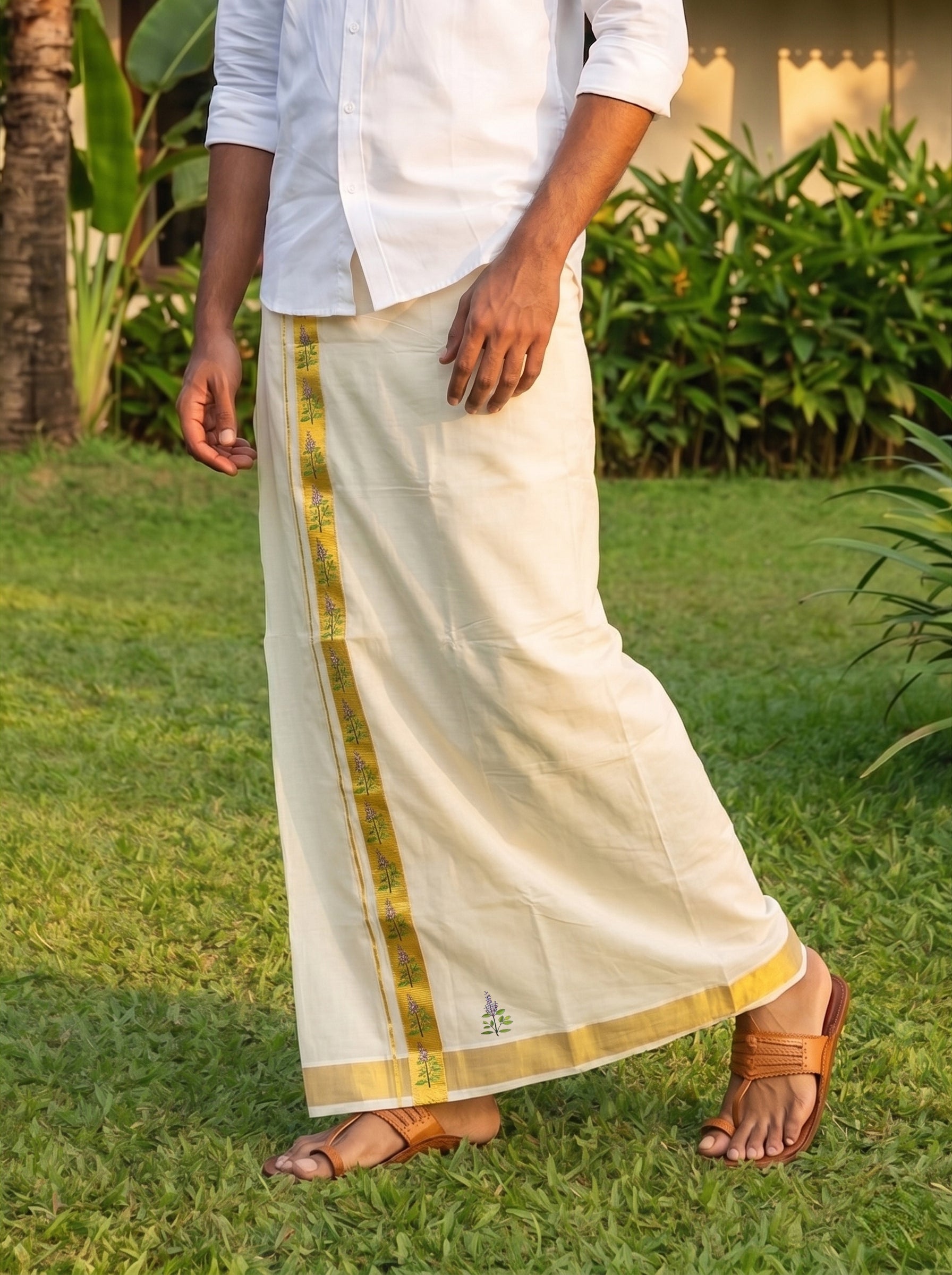 Men's Cotton Cream Festival Wear Kerala Dhoti with Golden Holy Basil Border