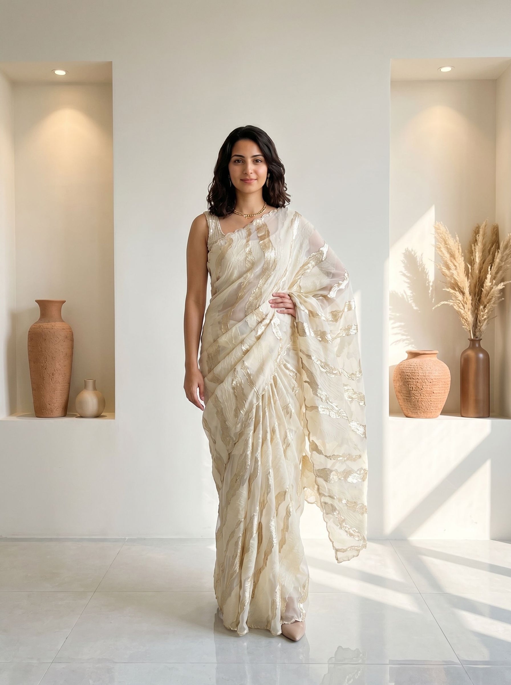 Turkish Organza Off White  Saree with Metallic Foil Stripe Pattern and Luxury Finish