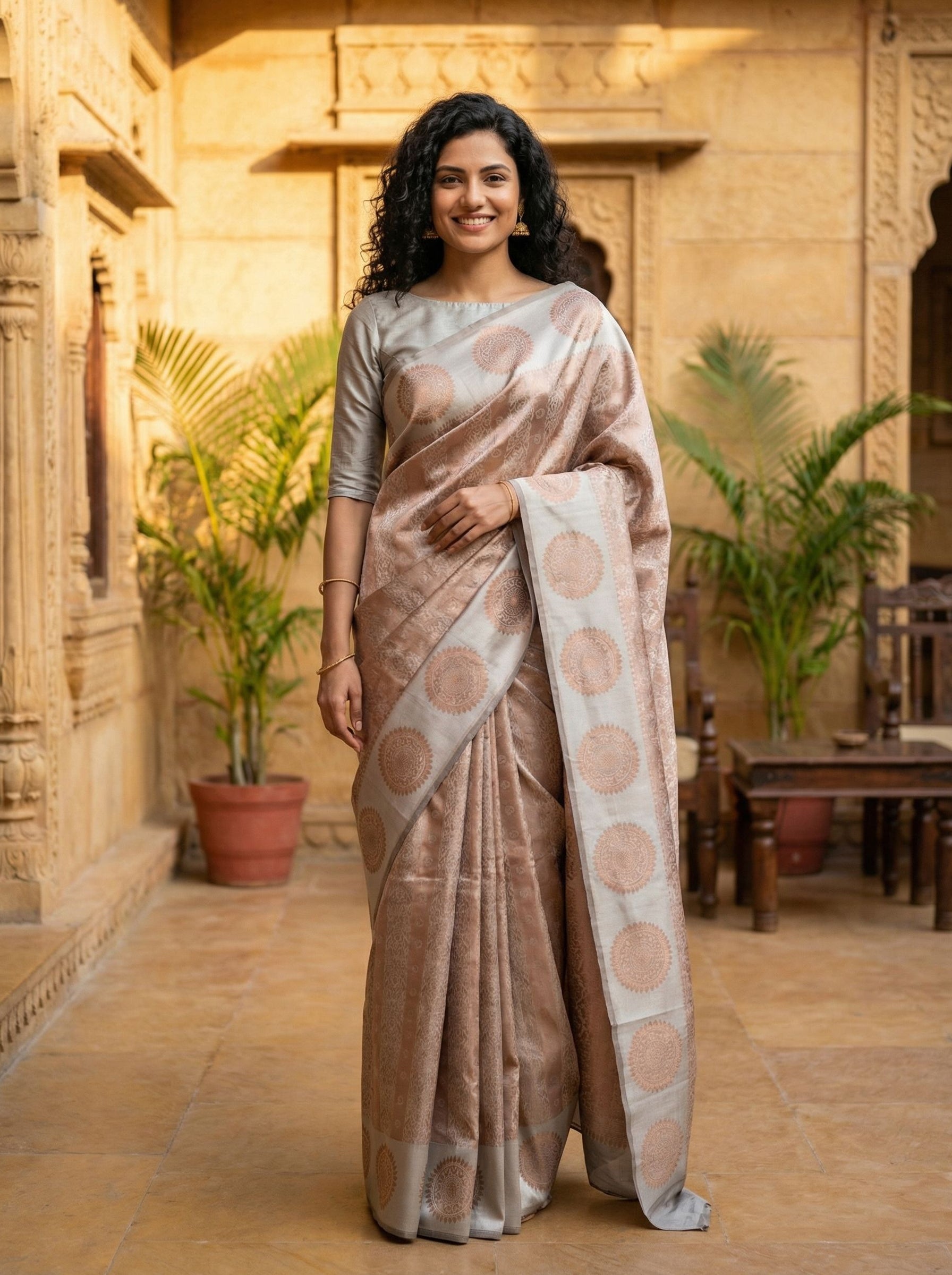 Semi Silk Metallic Beige Large Round Pattern Saree