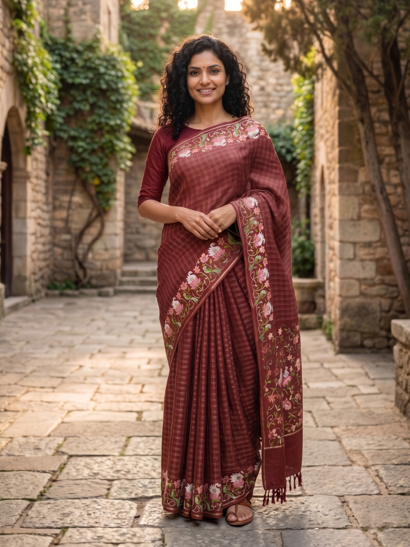 Woman in a maroon saree with floral patterns standing in an outdoor setting.