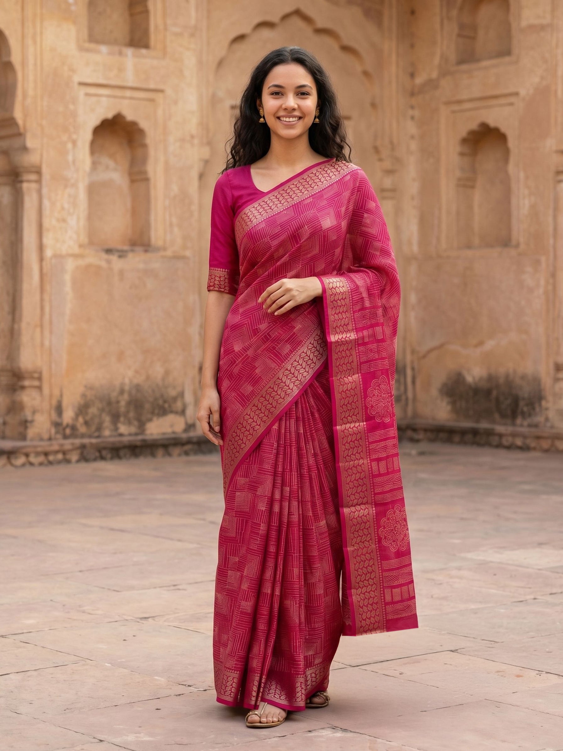 Semi Tussar  Deep Pink Geometric Zari Woven Saree
