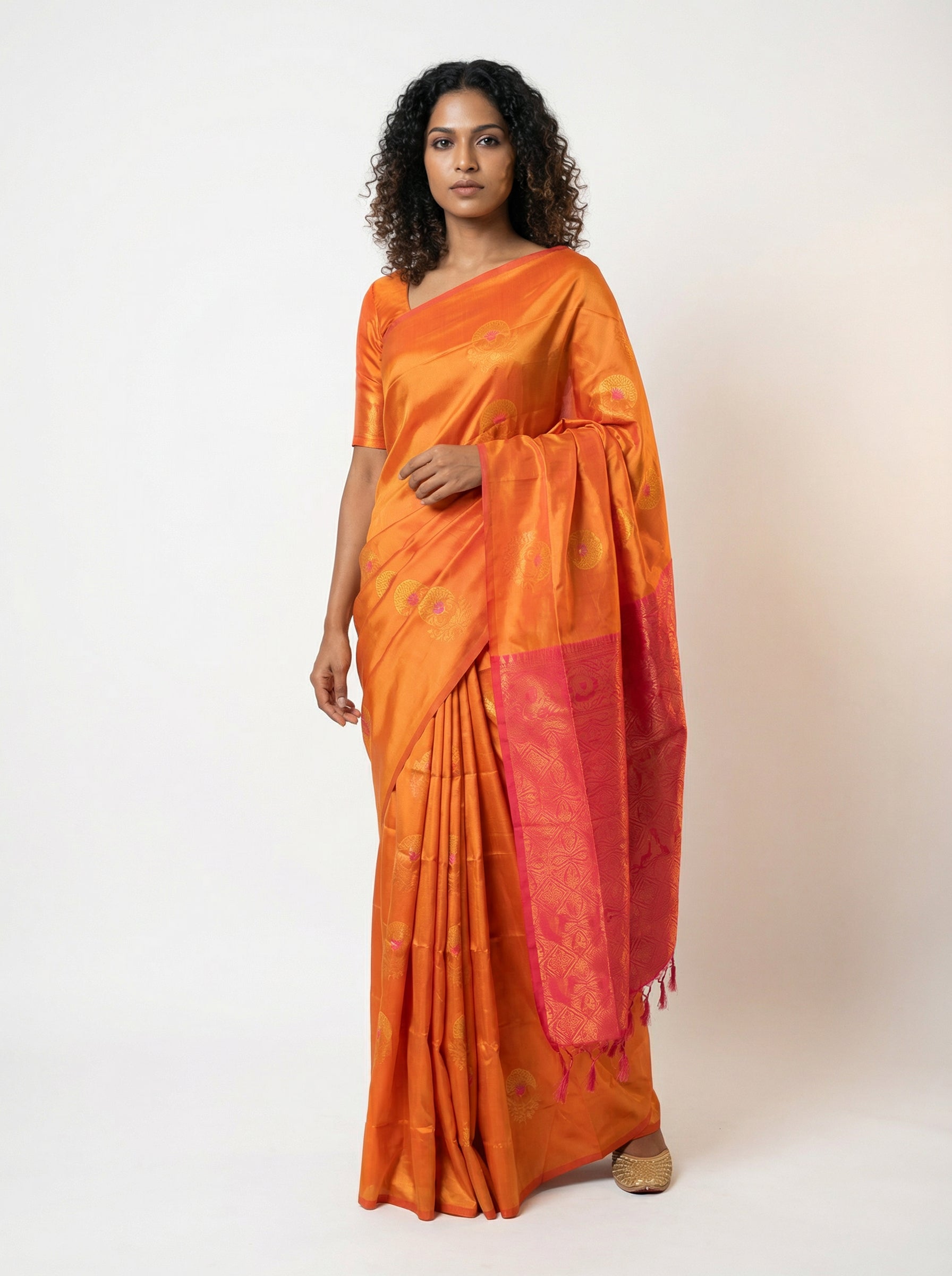 Semi Silk Orange Saree for Women with Paisley Butta Design