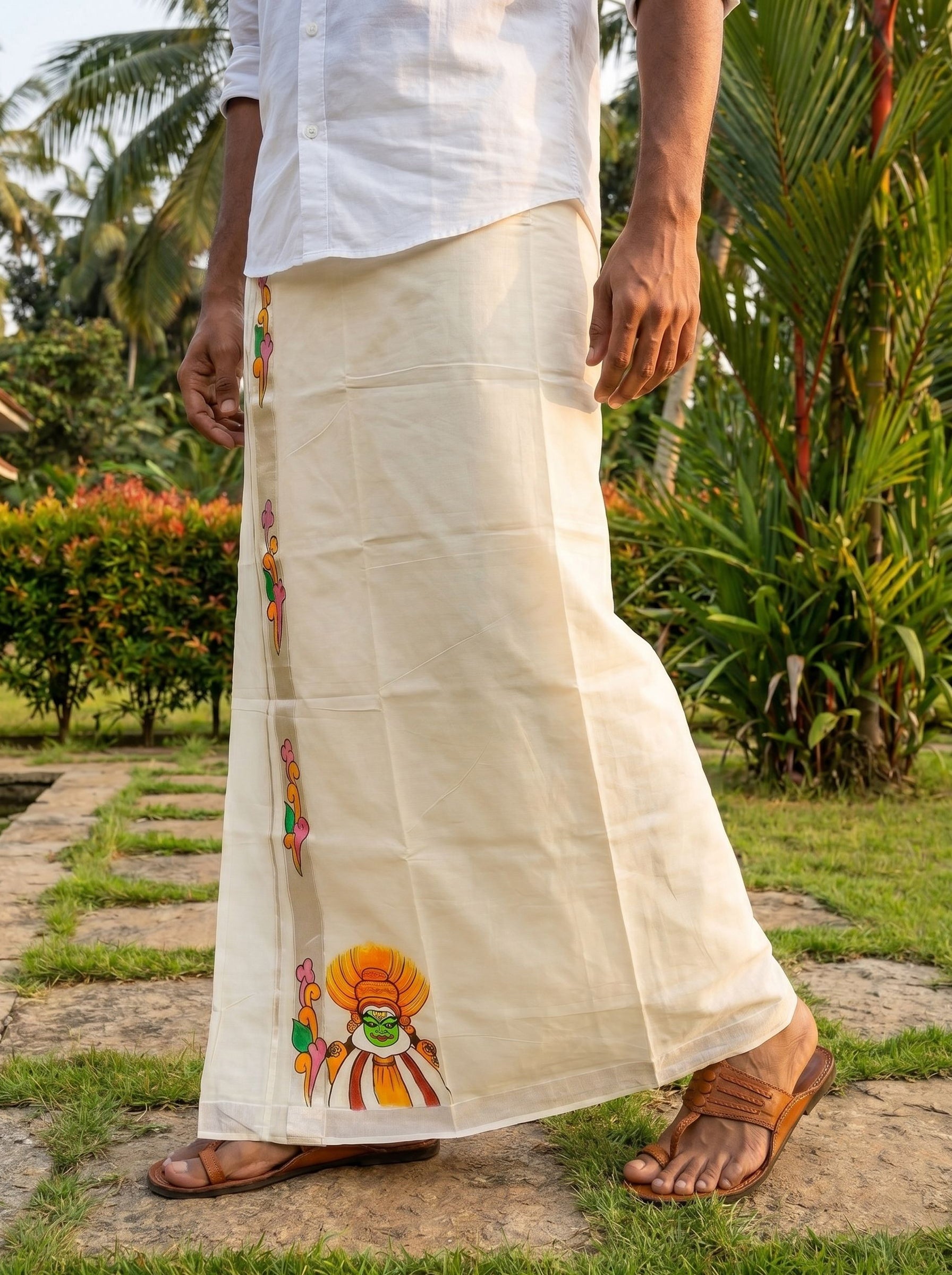 Men's Cotton Cream Kathakali Hand Painted With Antic Silver Kasavu Dhoti