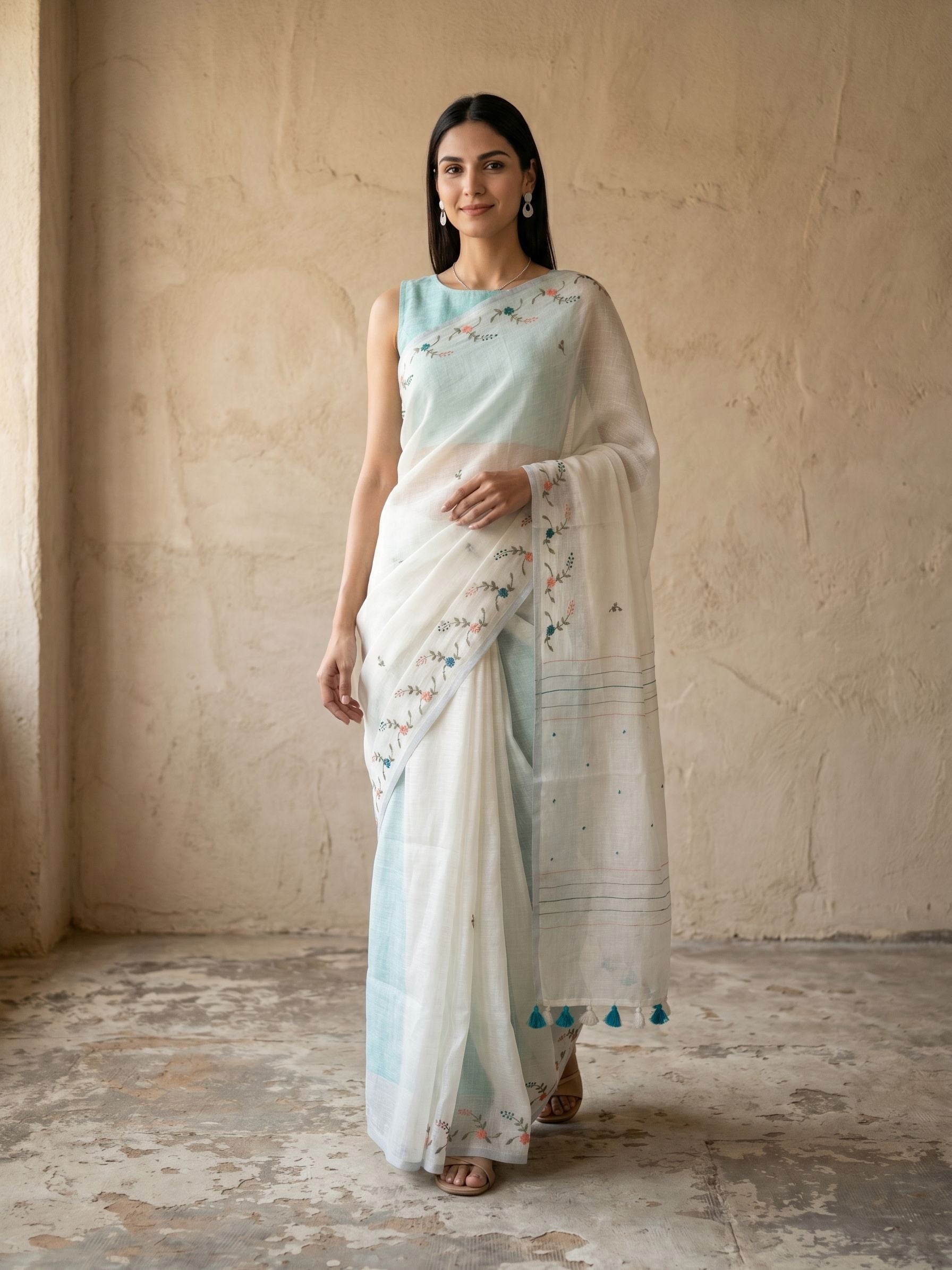 Semi Linen Mint Green Polka Dot Jacquard Saree with Sequin Embellished White Pallu Border