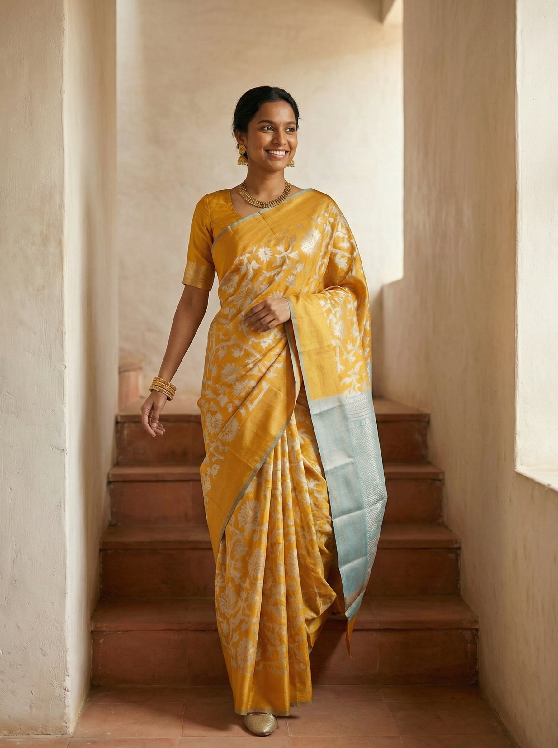Synthetic Mustard Yellow Floral Pattern Saree with Elegant Border