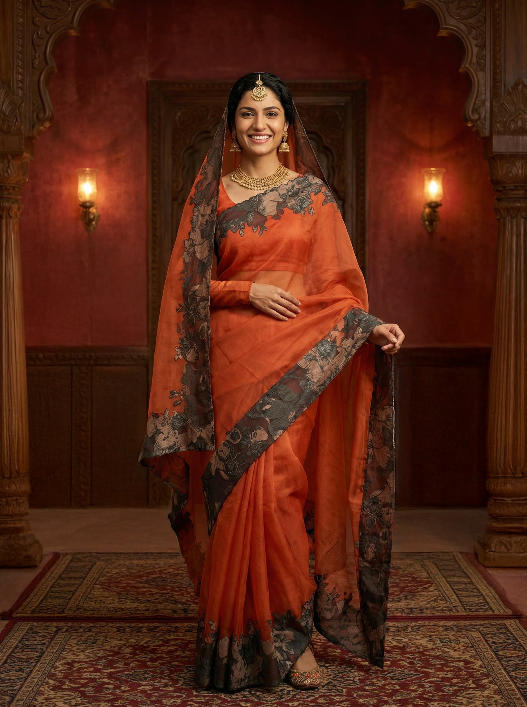 Rust Glow Midnight Floral Saree