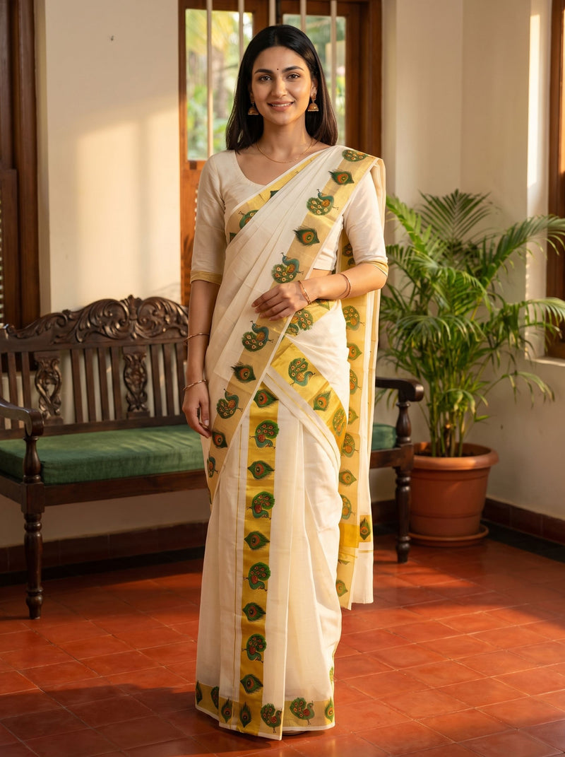 Woman wearing a white saree with green and yellow patterns in a room with a wooden bench and potted plant.