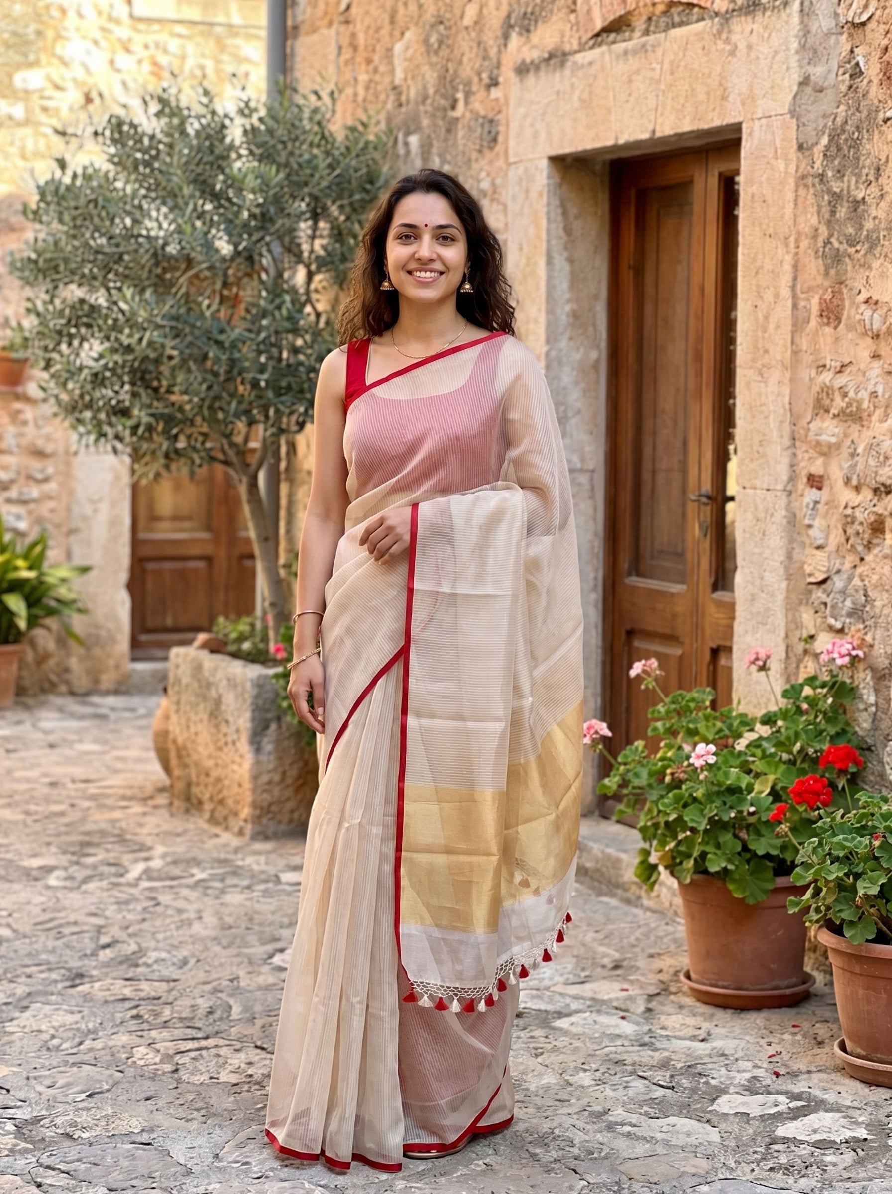 Tussar Elegant Off-White Saree with Red Contrast Border