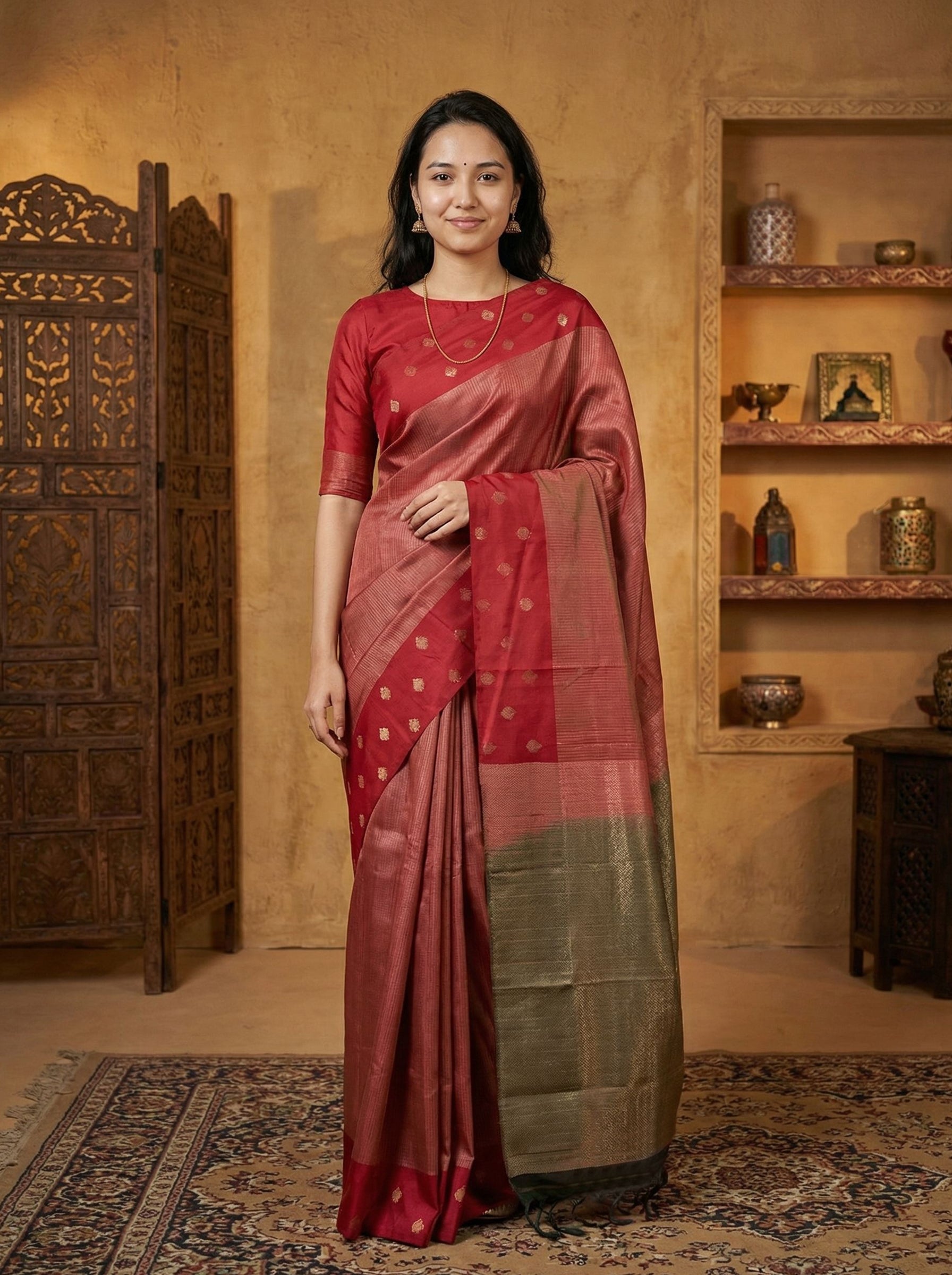 Semi Silk Rust Red Traditional Saree with Rich Zari Weaving