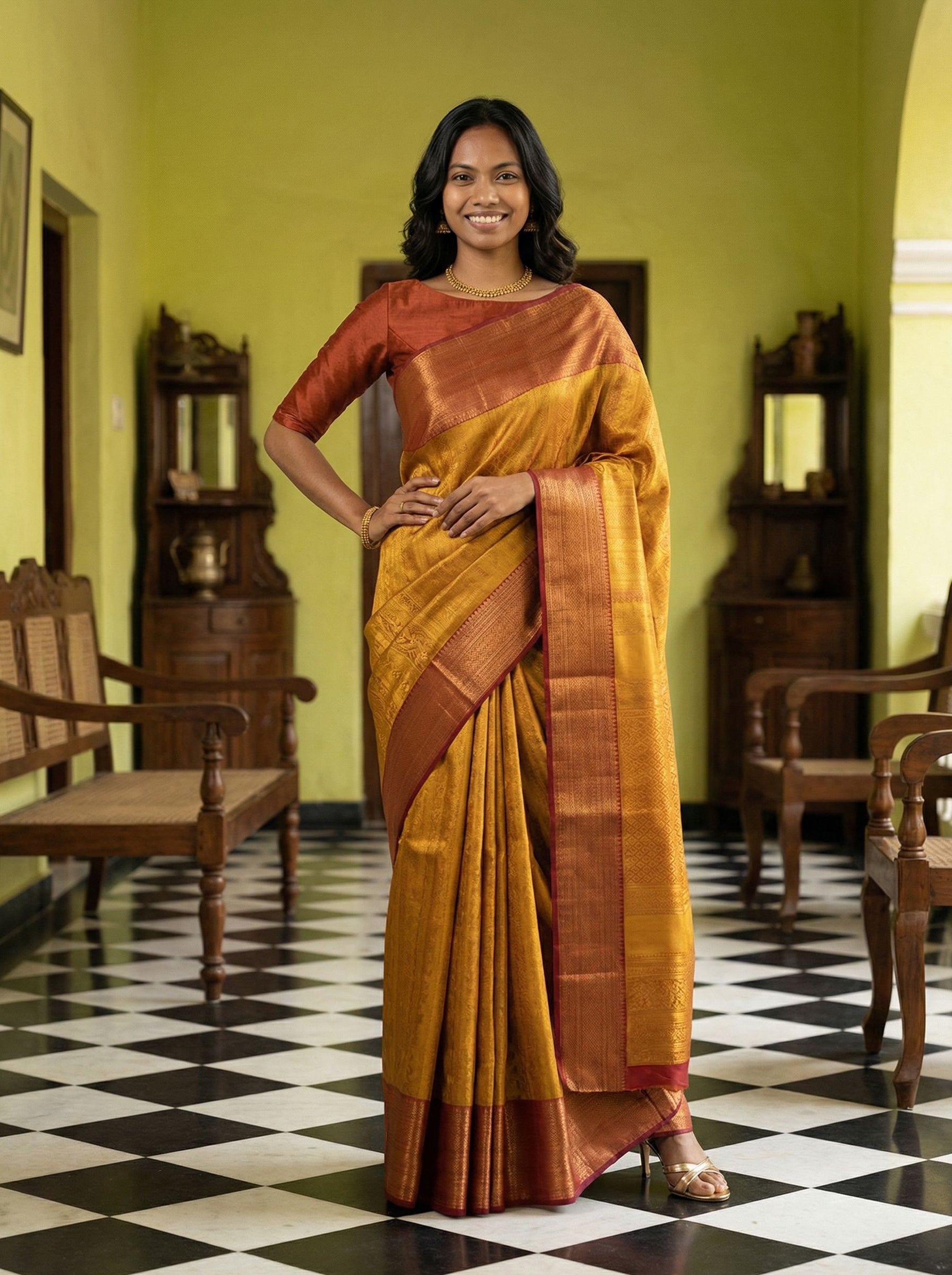 Kanjivarm Pure silk Mustard Gold Self-Design Saree with Copper Zari Border