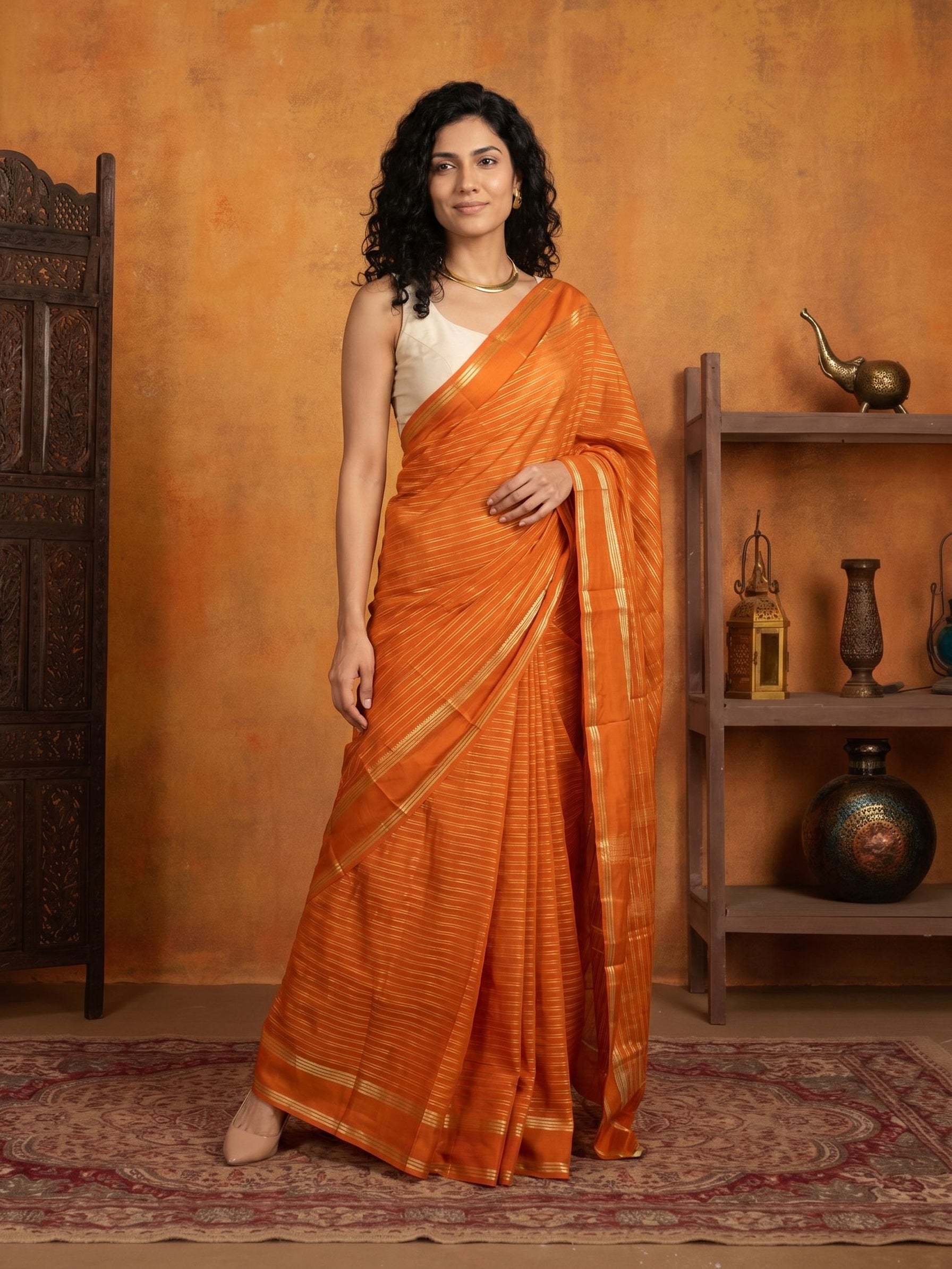 Woman in an orange saree standing against an orange wall with decorative items.
