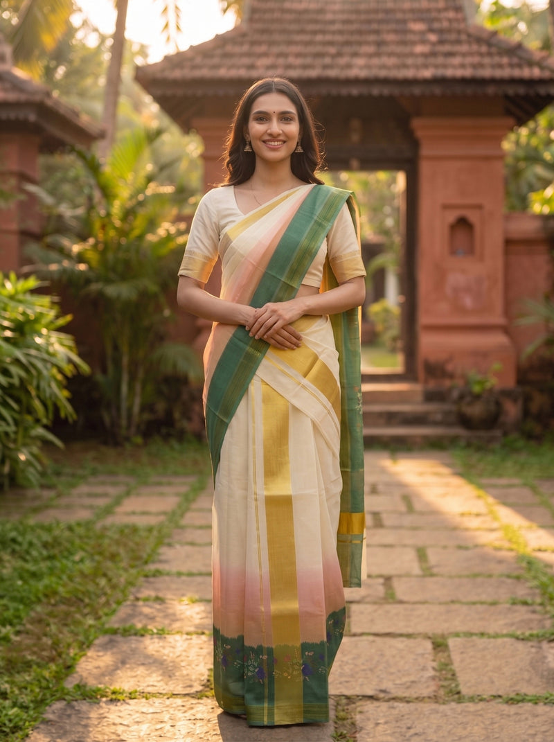 Woman in a traditional saree standing in a garden with a temple-like structure in the background