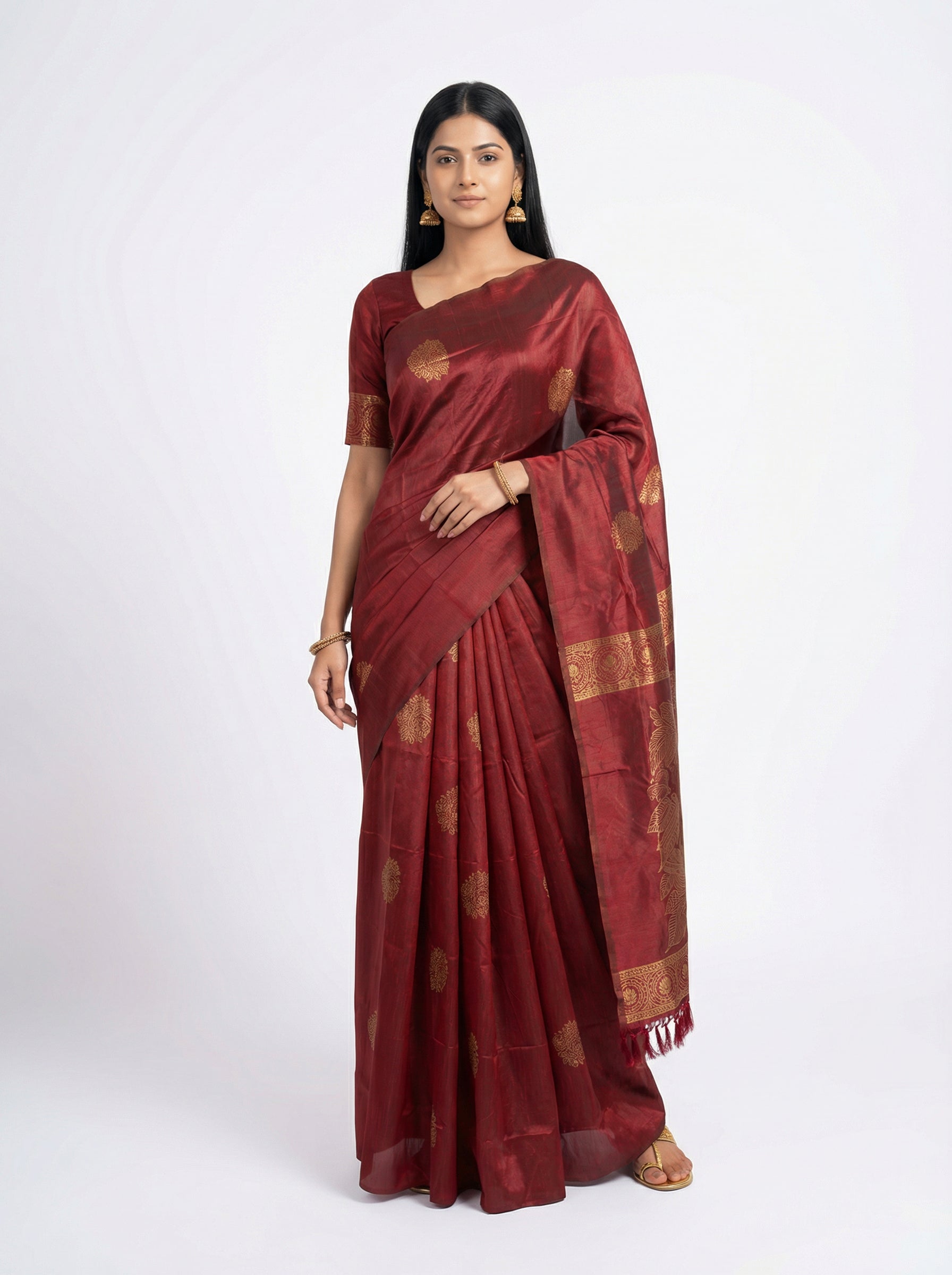 Semi Silk Maroon Saree with Floral Pallu & Plain Border Blouse