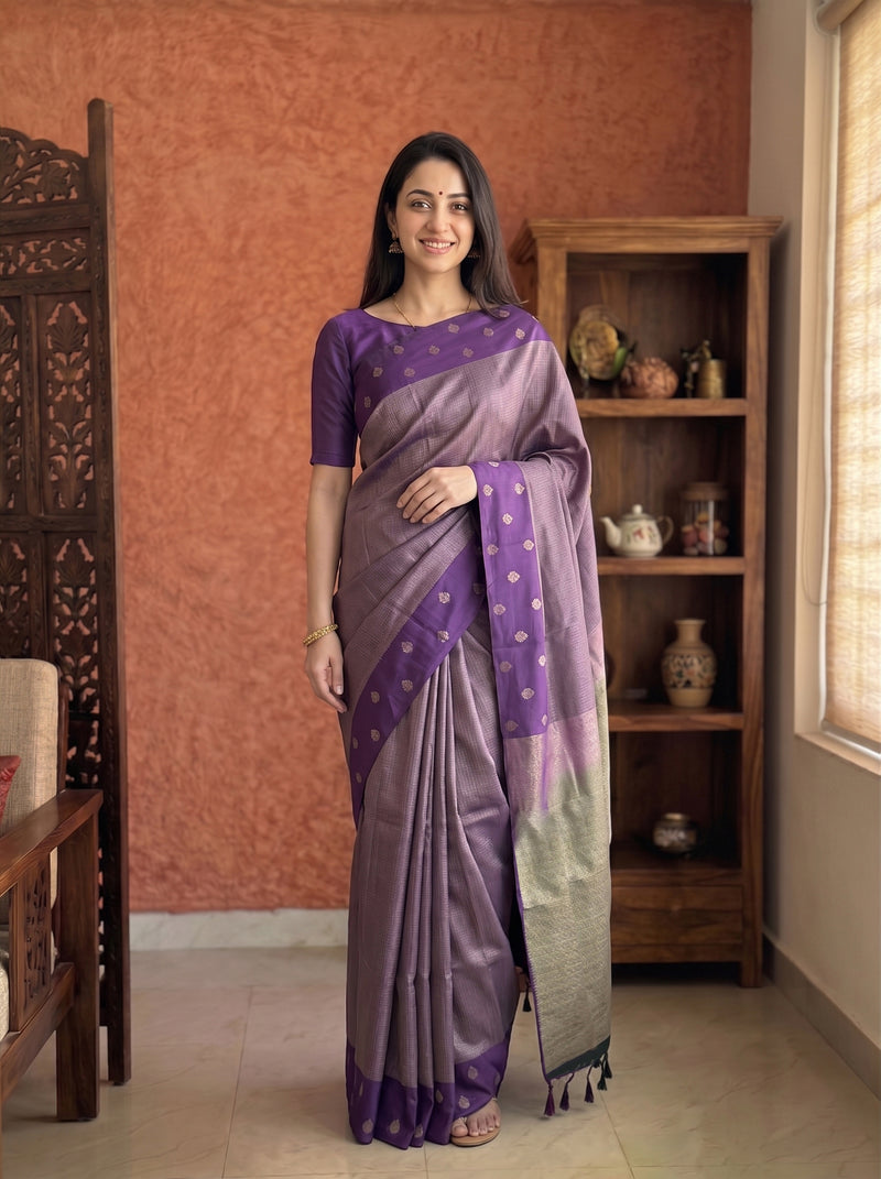 Woman wearing a purple and gray saree in a room with wooden furniture and a window.