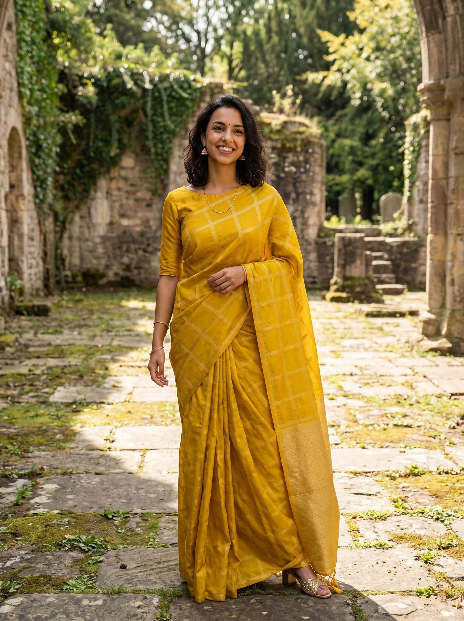 Semi Silk Mustard Yellow Checked Saree with Golden Border