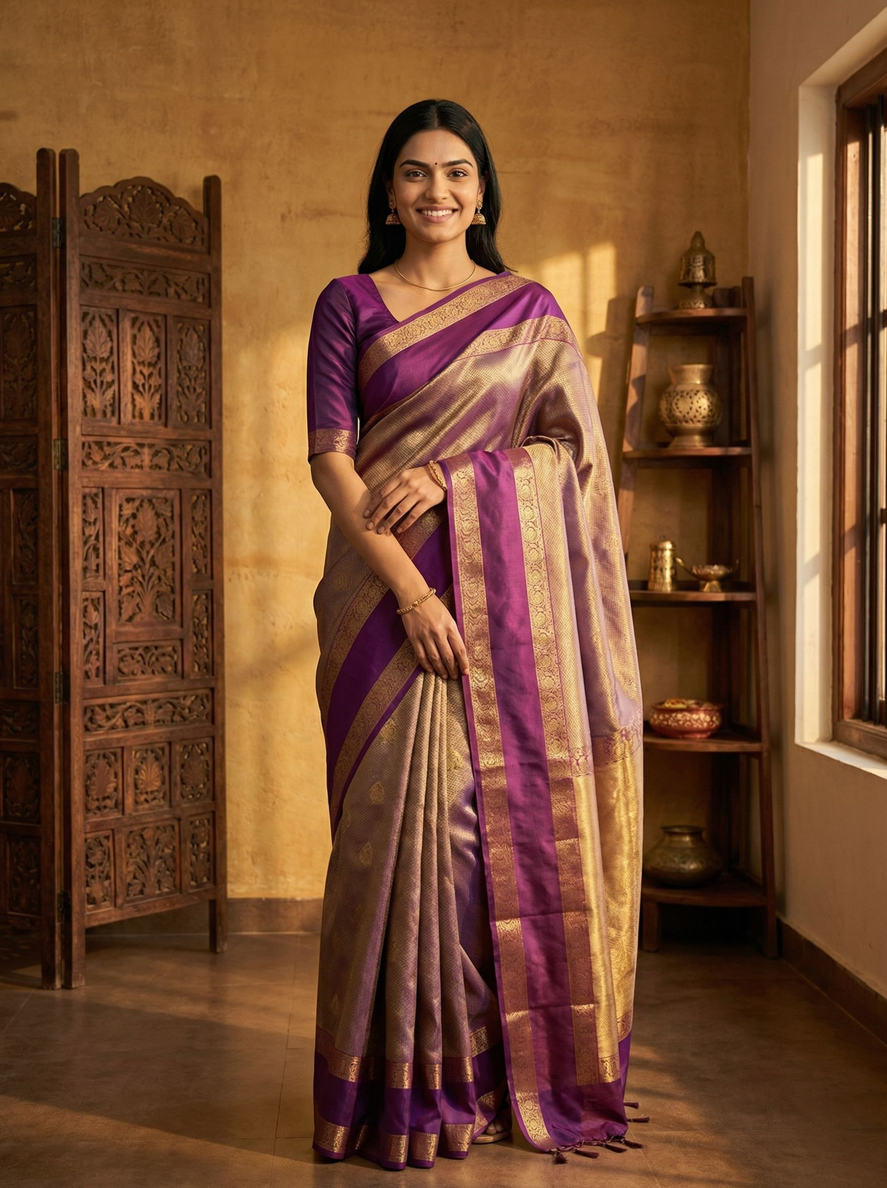 Woman in a purple and beige saree standing in a room with wooden decor.