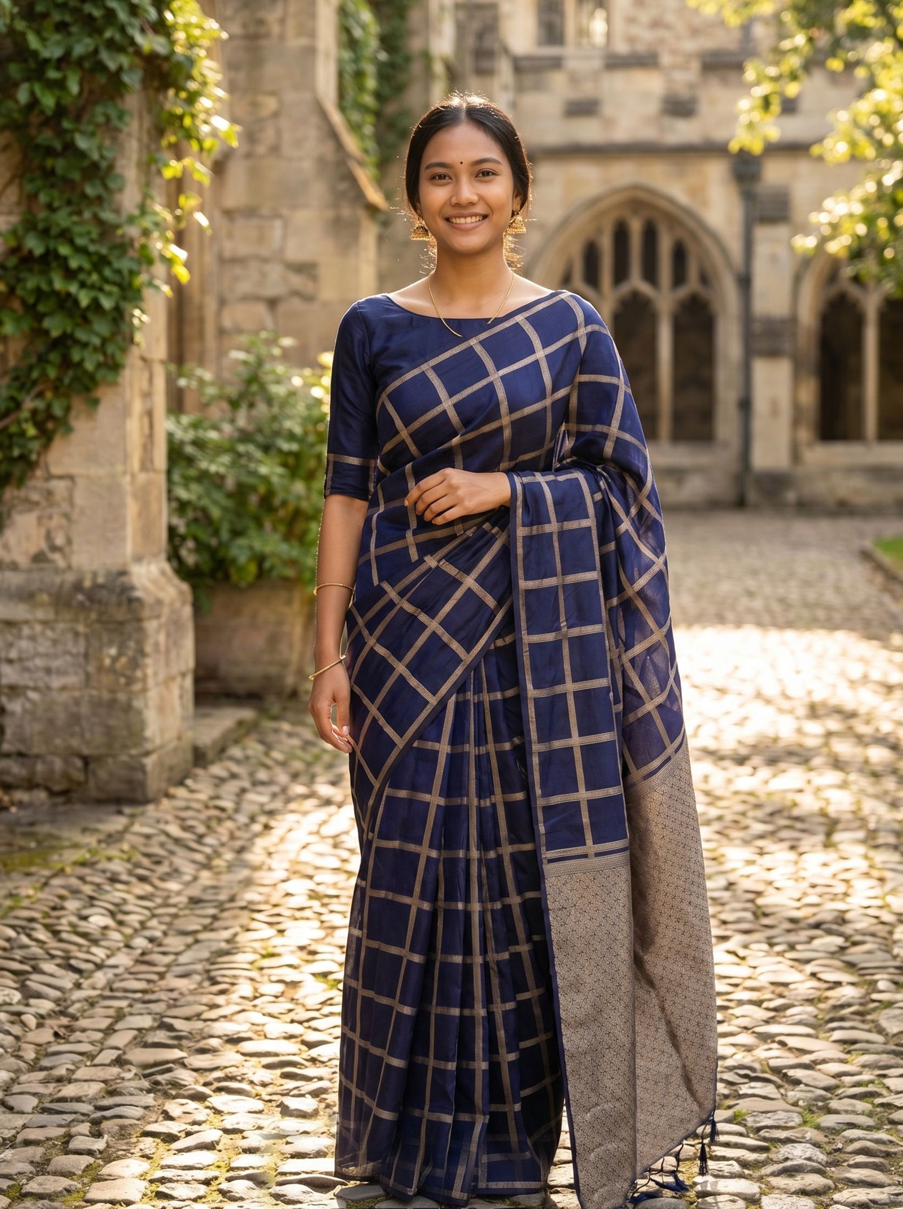 Semi Silk Navy Blue Checked Saree with Silver Zari