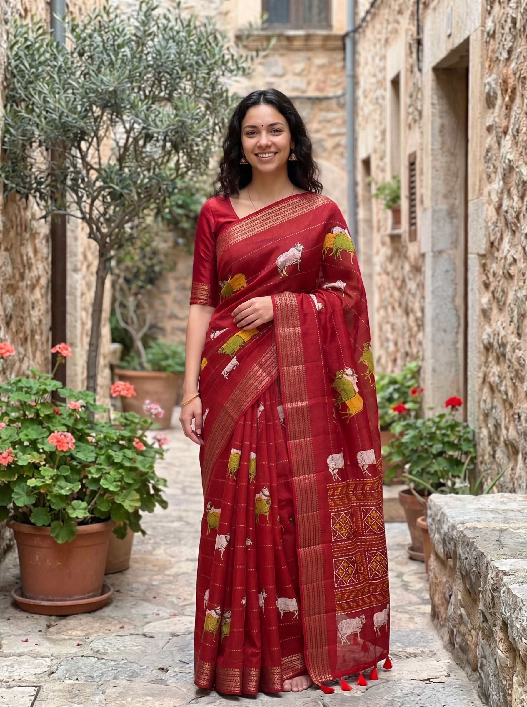 Semi Tussar Crimson Red Pichwai Cow Print Saree with Zari Border