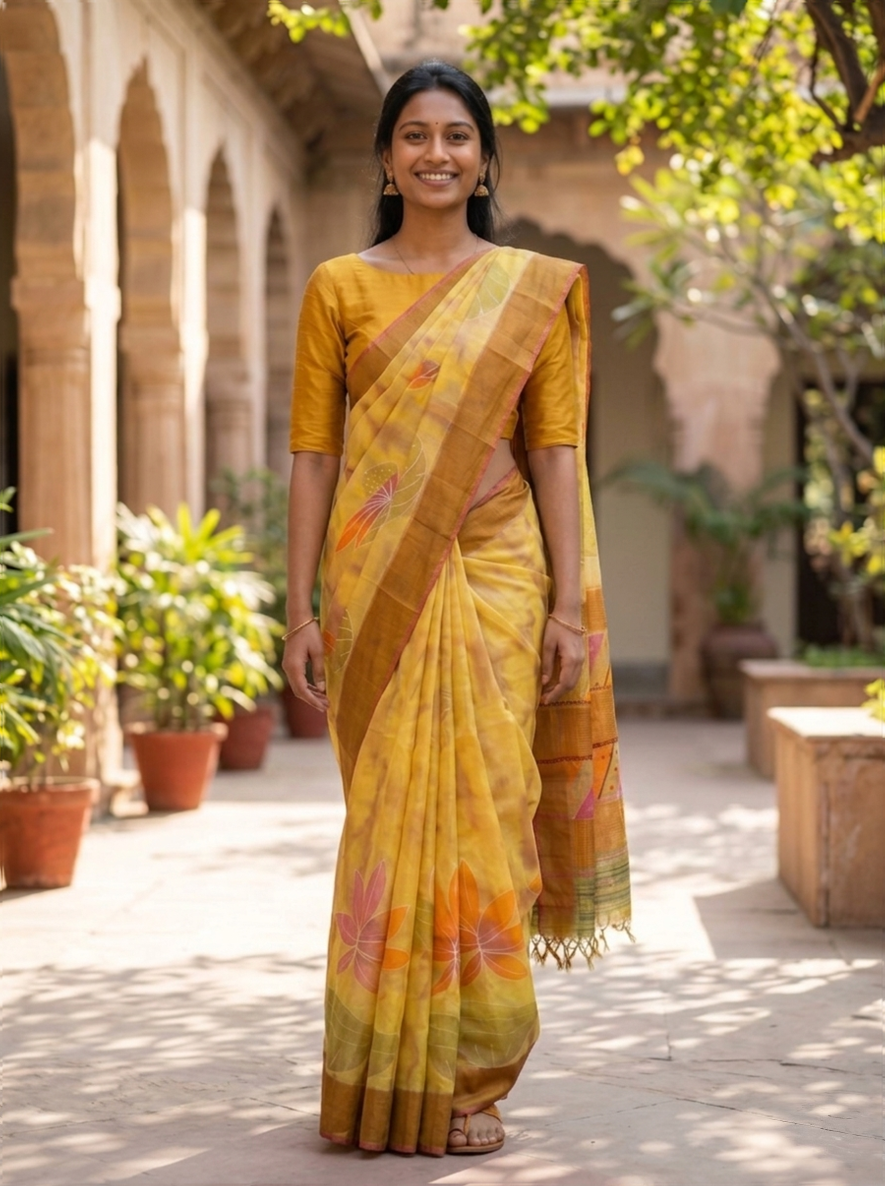 Tussar Mustard Yellow Floral Saree with Artistic Print