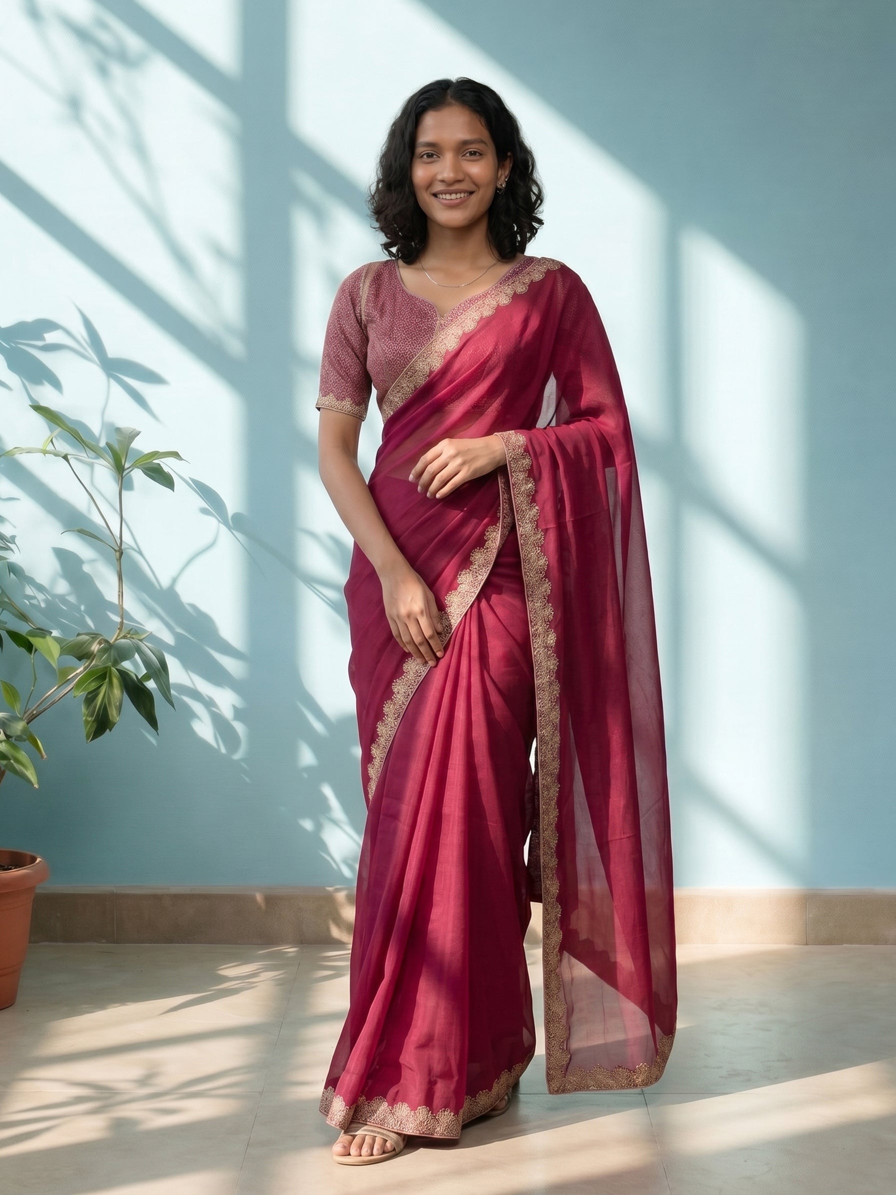 Vichitra Silk Wine Pink Embroidered Border Fancy Designer Saree