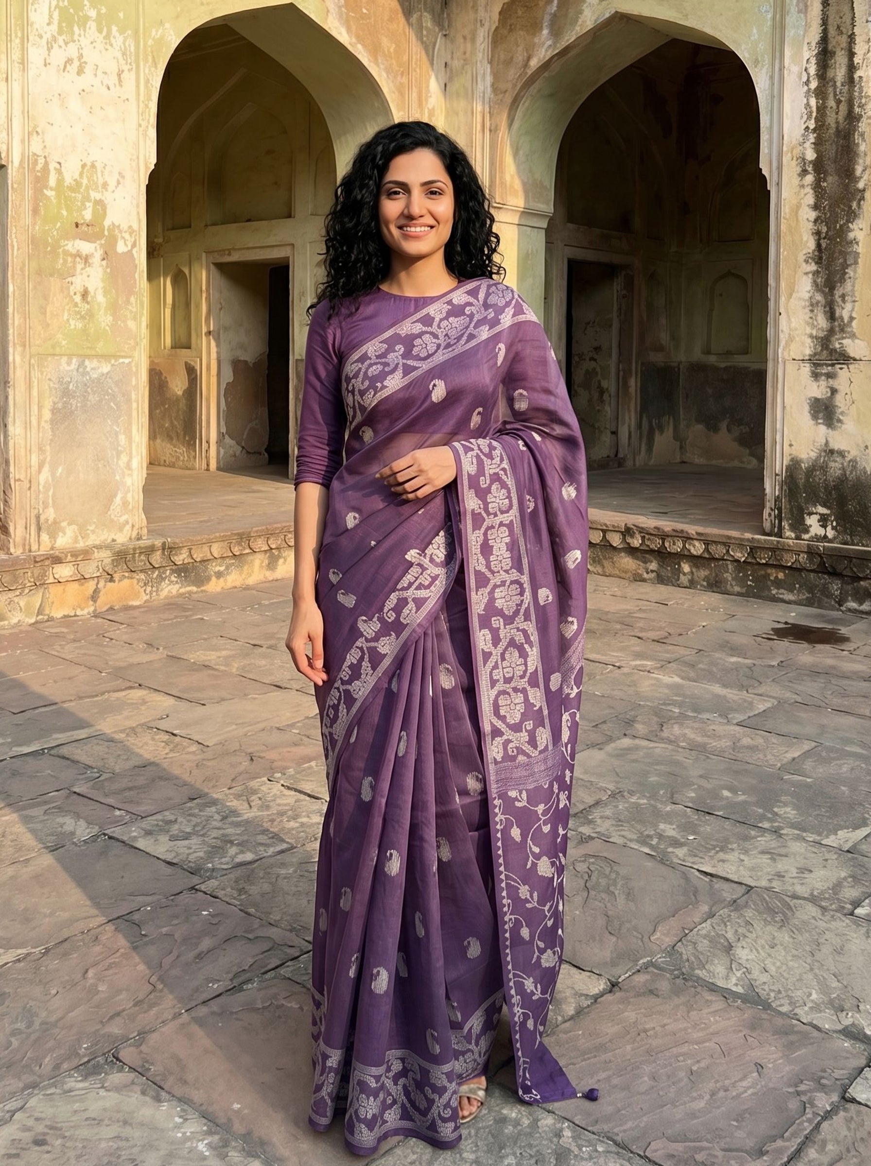Semi Tussar Dark Purple Saree with Floral Paisley Print Border