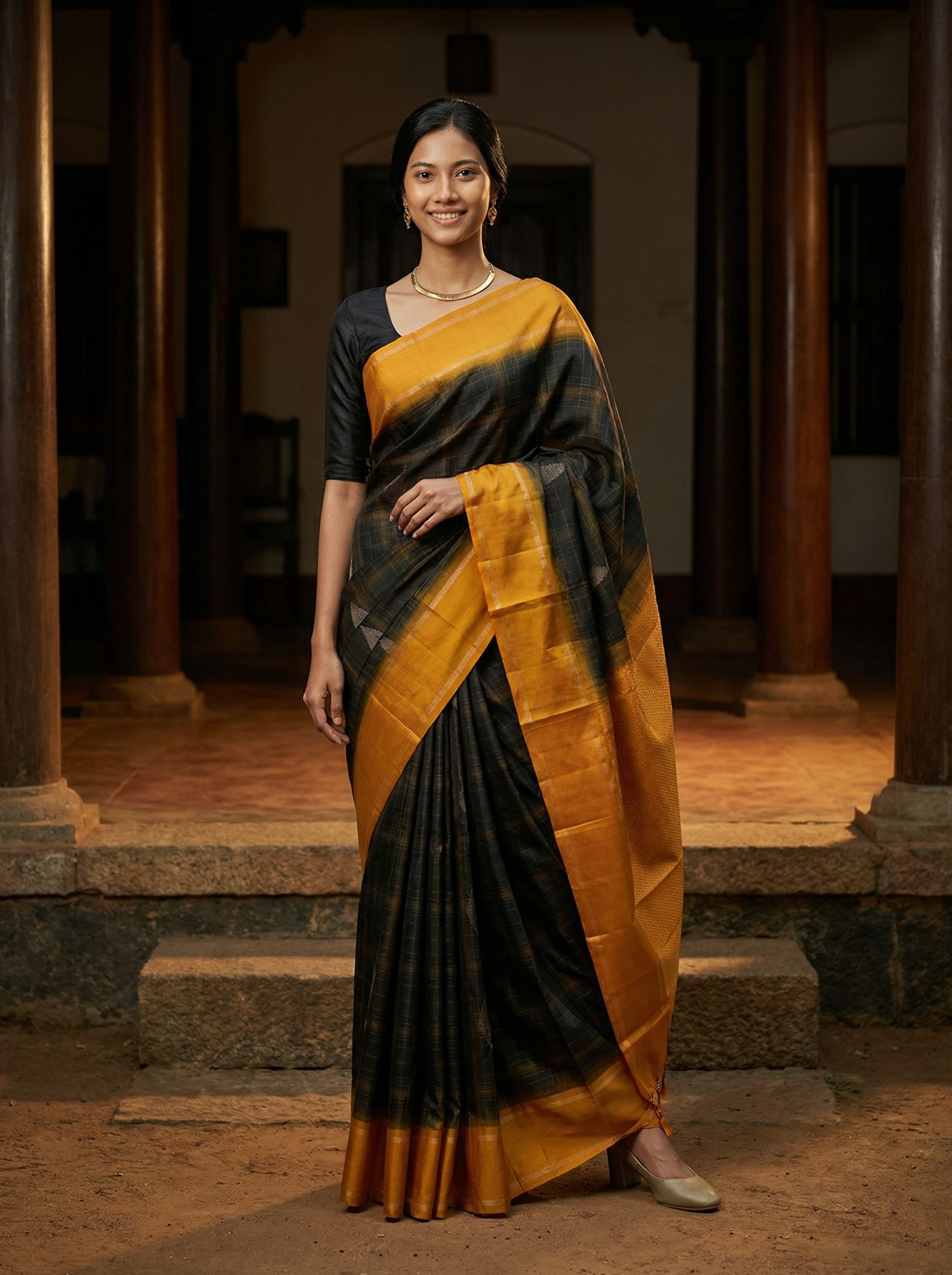 Kanjivaram Pure Silk Charcoal Black and Mustard Yellow Checked Saree with Zari Border