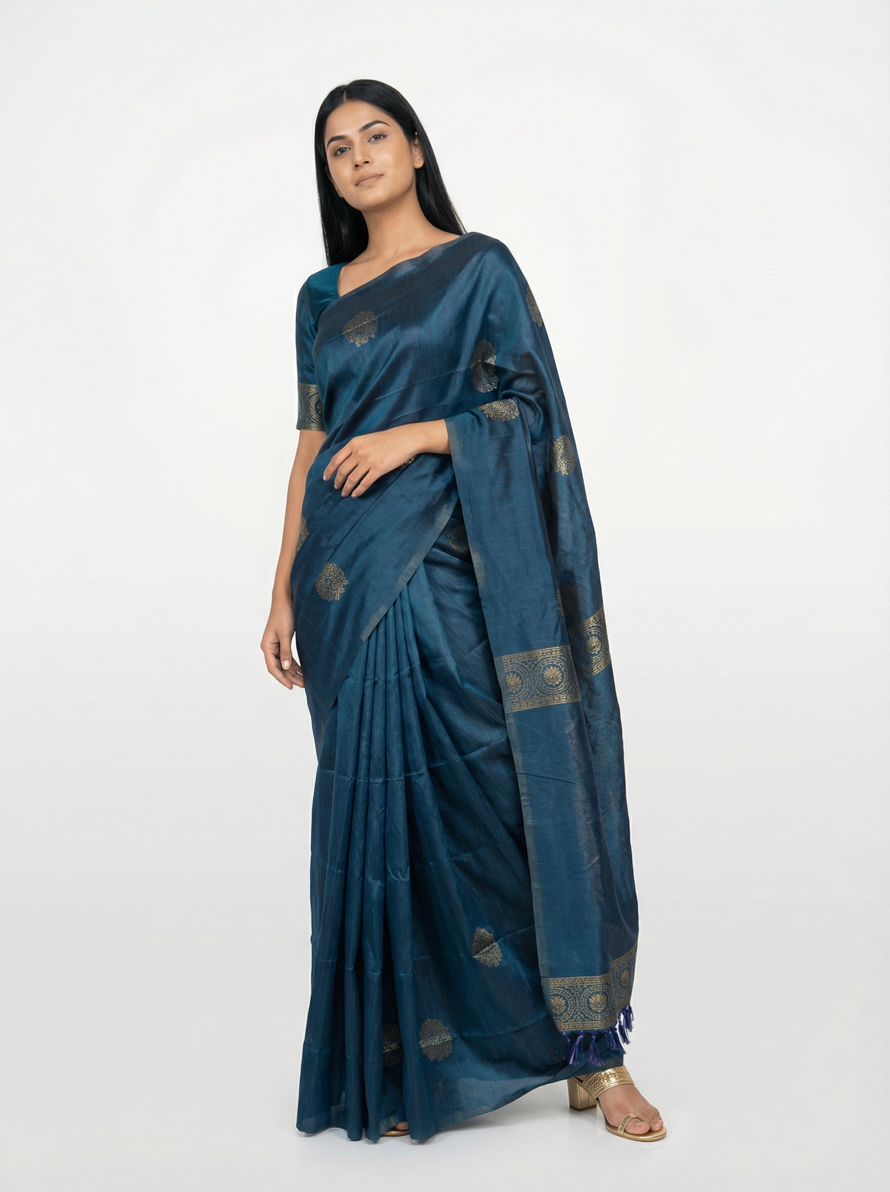 Semi Silk Peacock Blue Saree for Women with Gapped Butta Pattern
