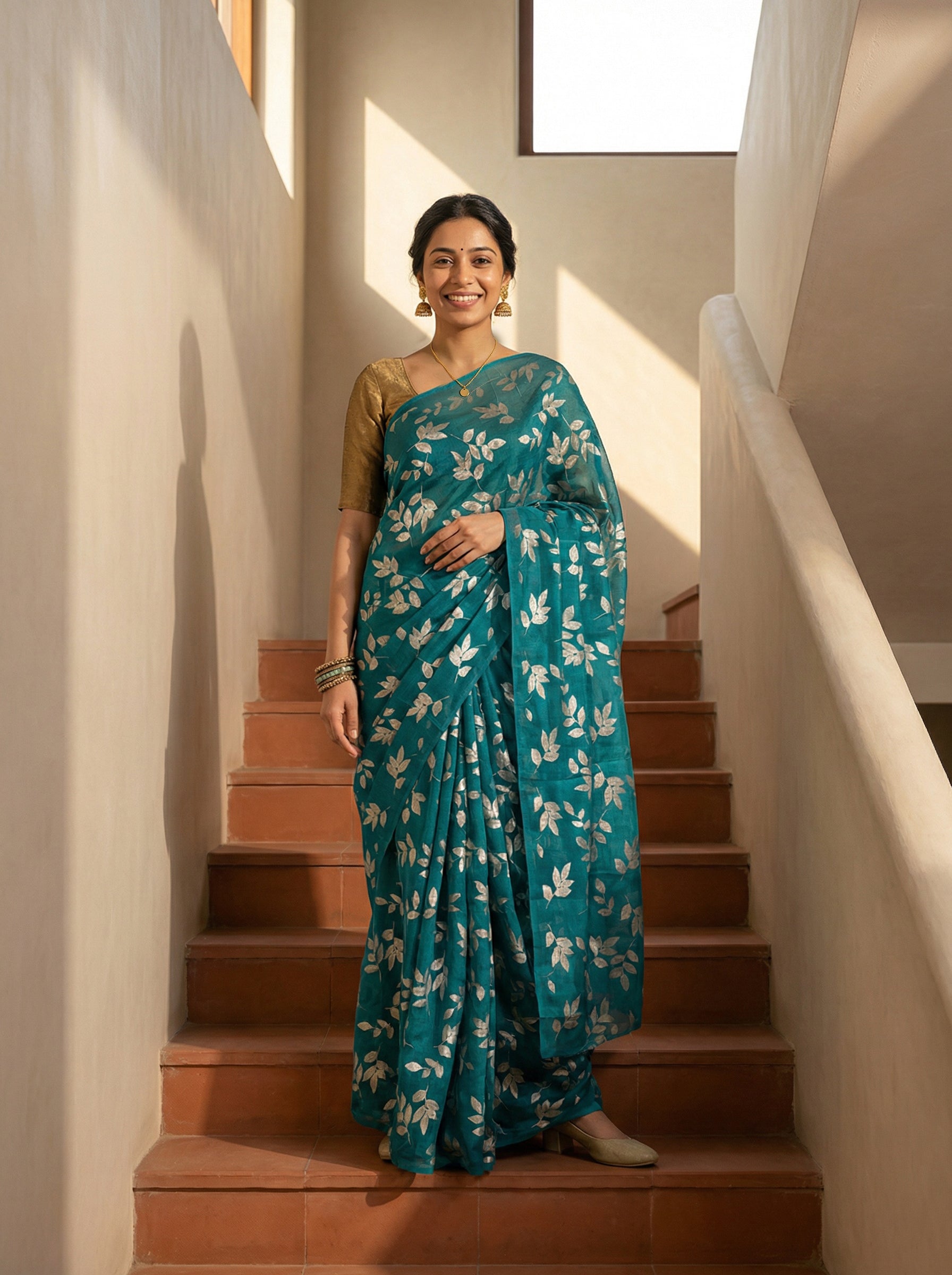 Synthetic Blue Saree with Modern Botanical Print