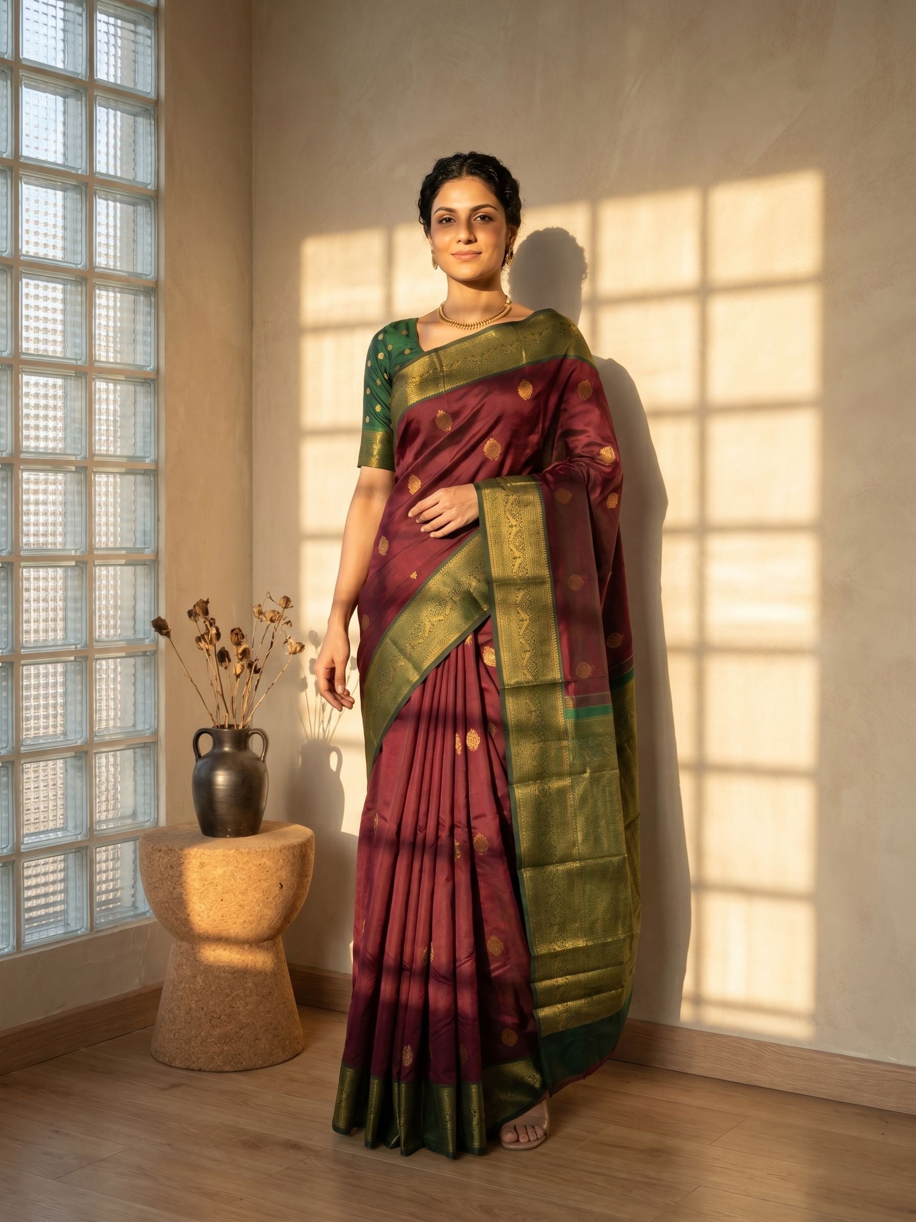 Woman in a maroon and green saree standing in a room with sunlight filtering through a window.