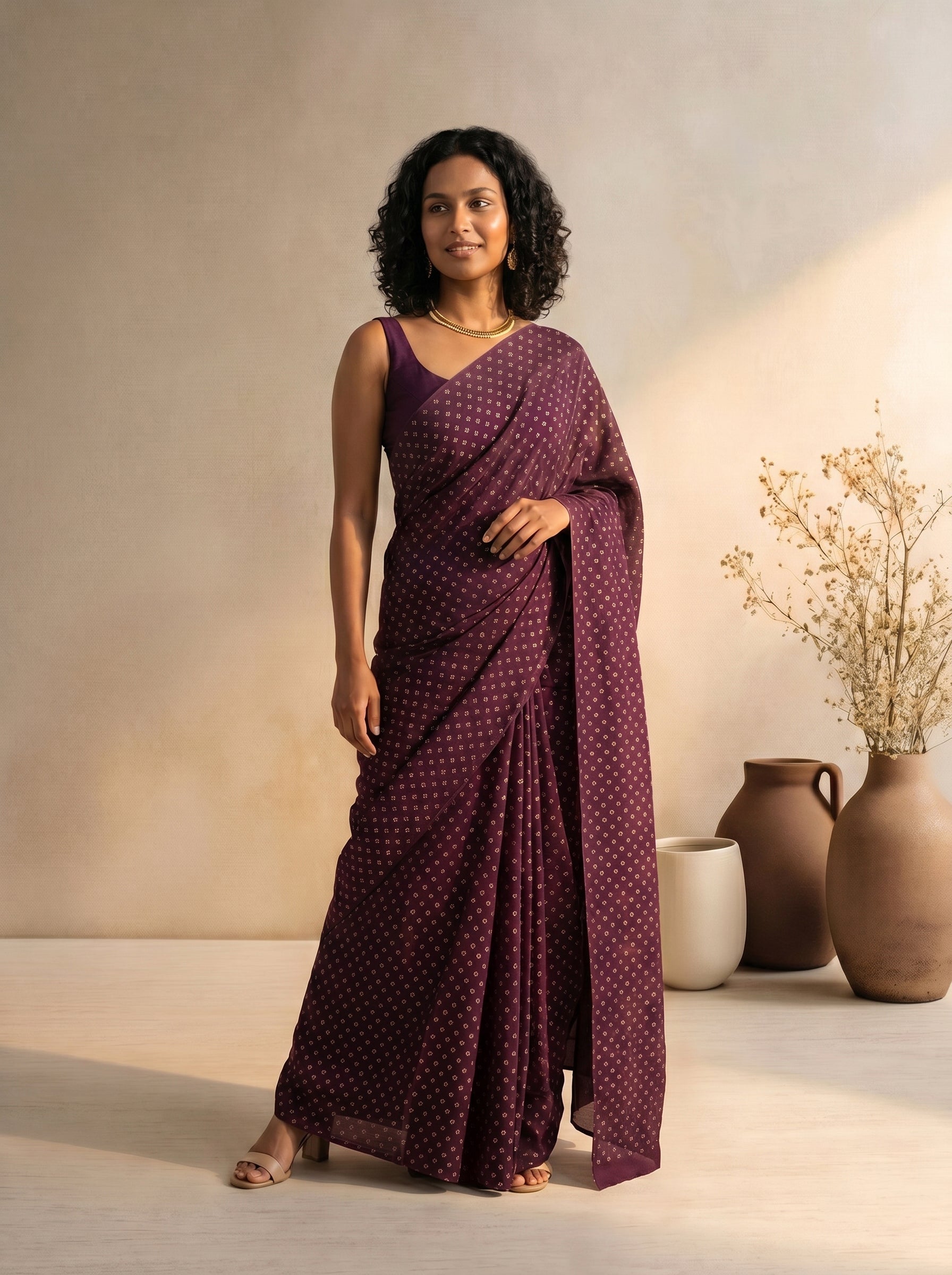 Woman wearing a maroon saree with a subtle pattern, standing against a neutral background with decorative vases.