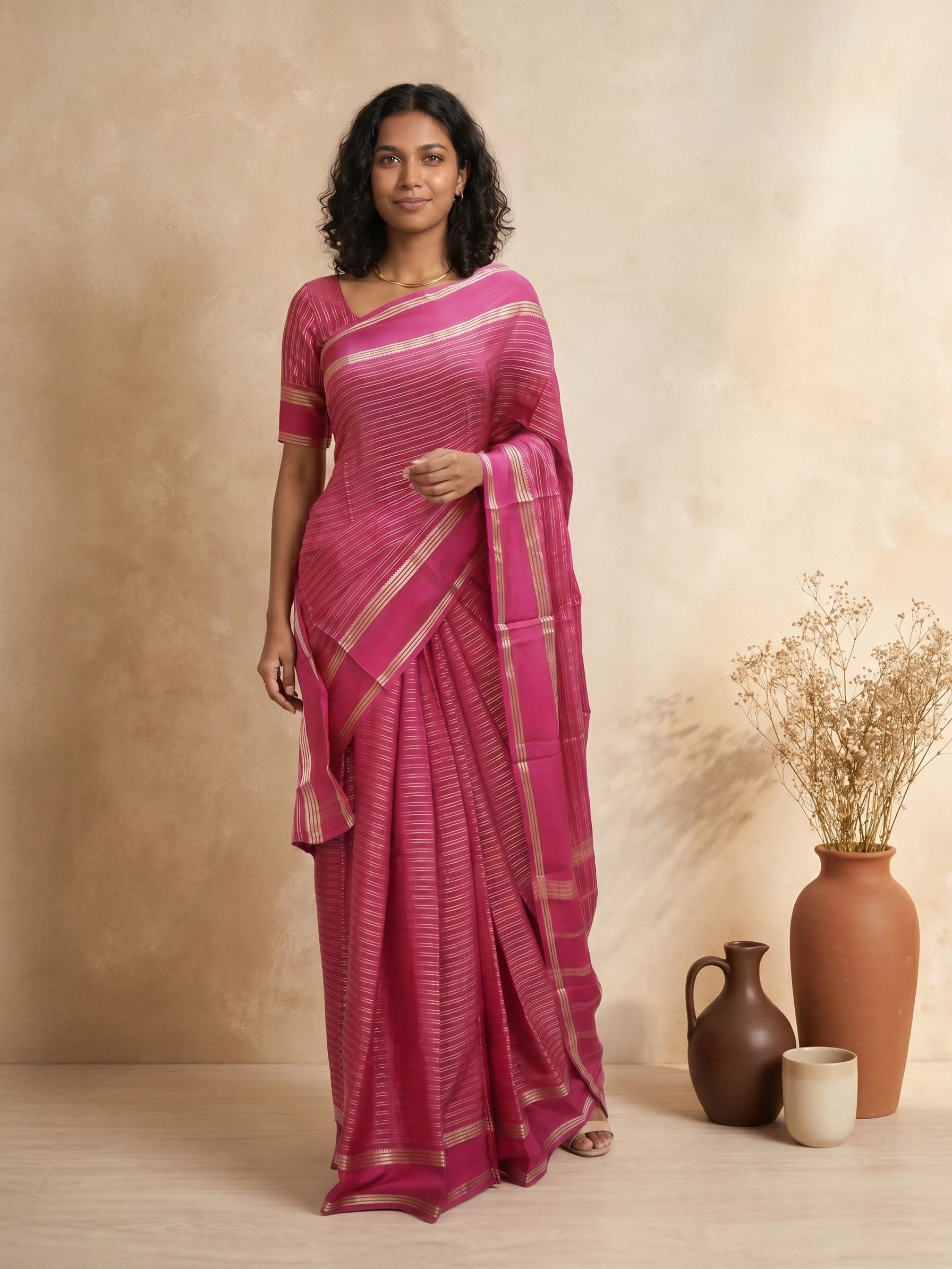 Woman in a pink saree standing against a beige wall with decorative items.