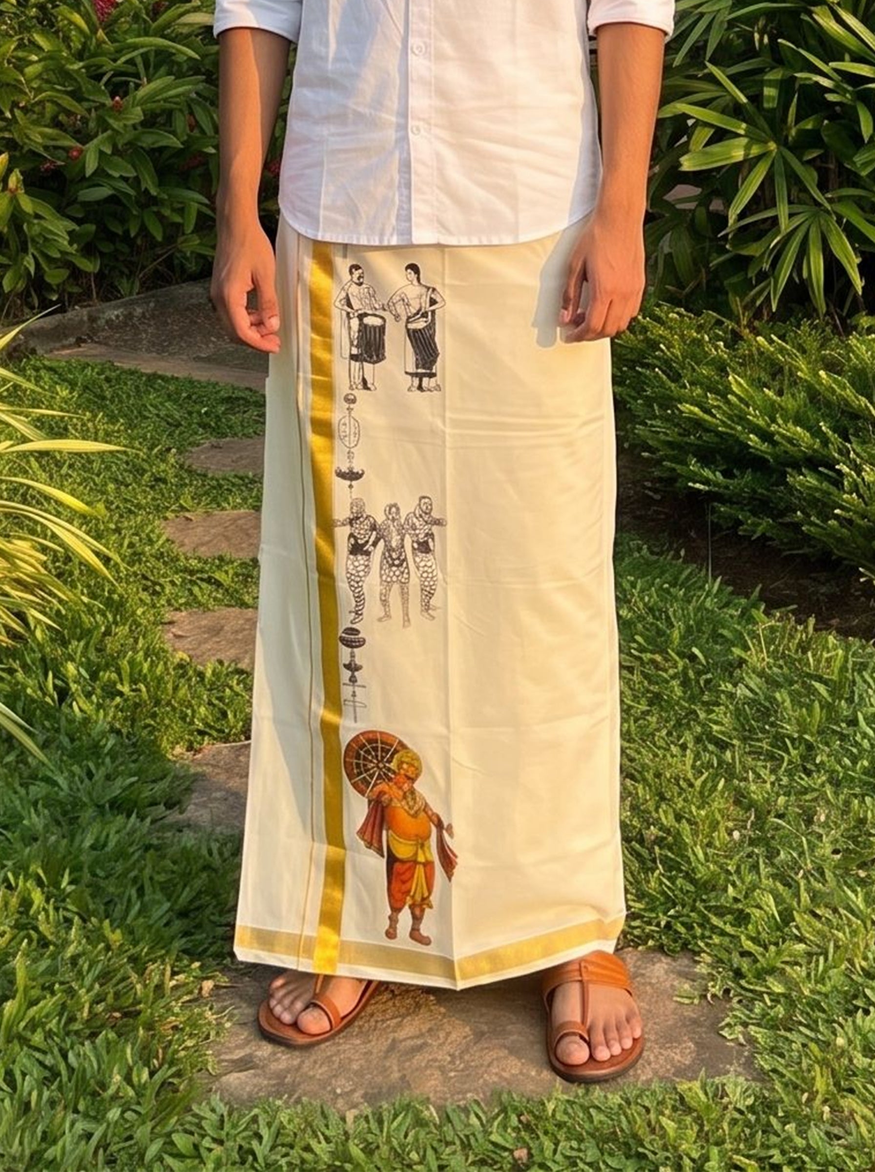 Men's Cotton Cream Golden Kasavu Border Traditional Cultural Print Kerala Dhoti