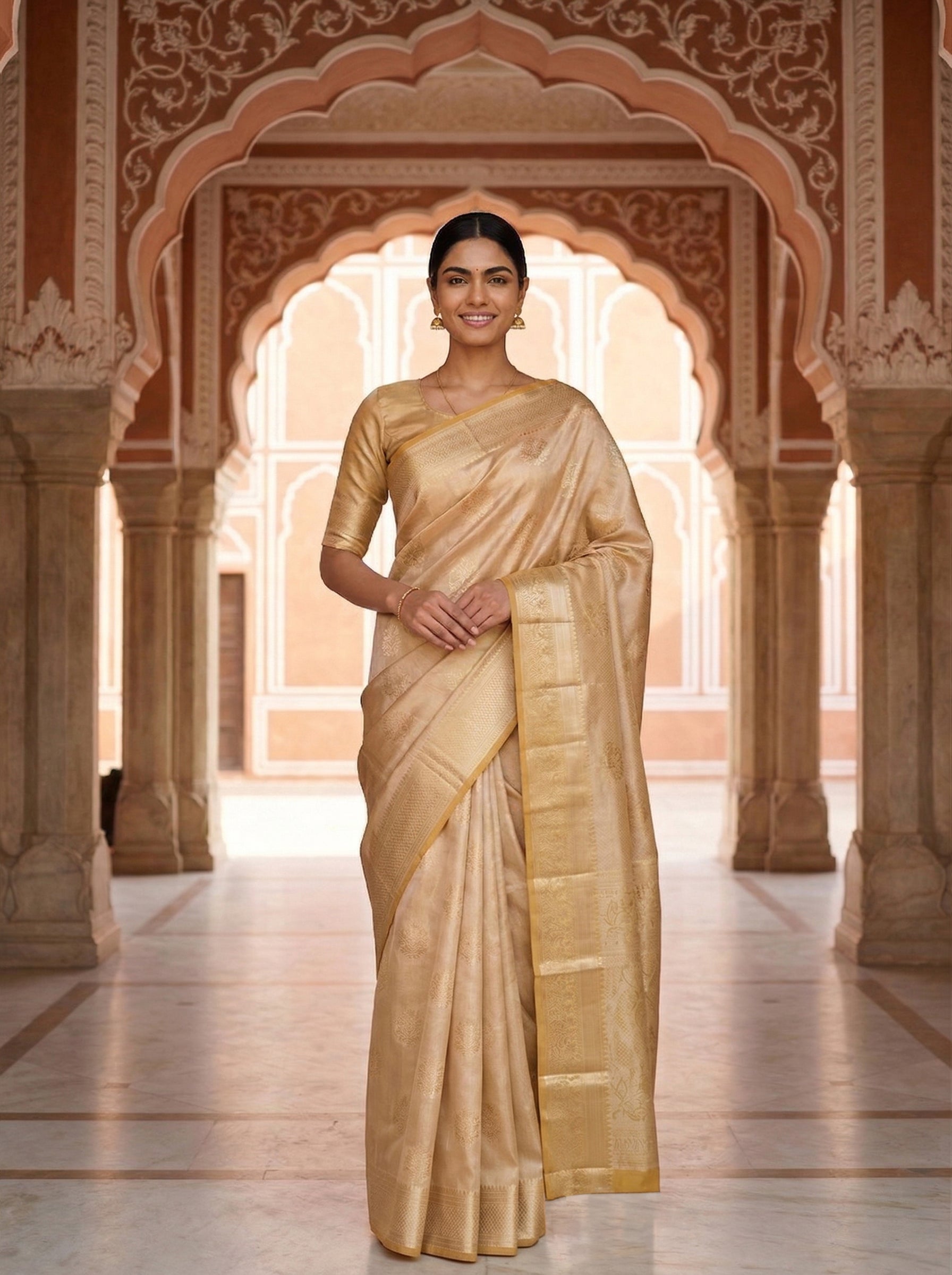 Woman in a gold saree standing in an ornate architectural setting