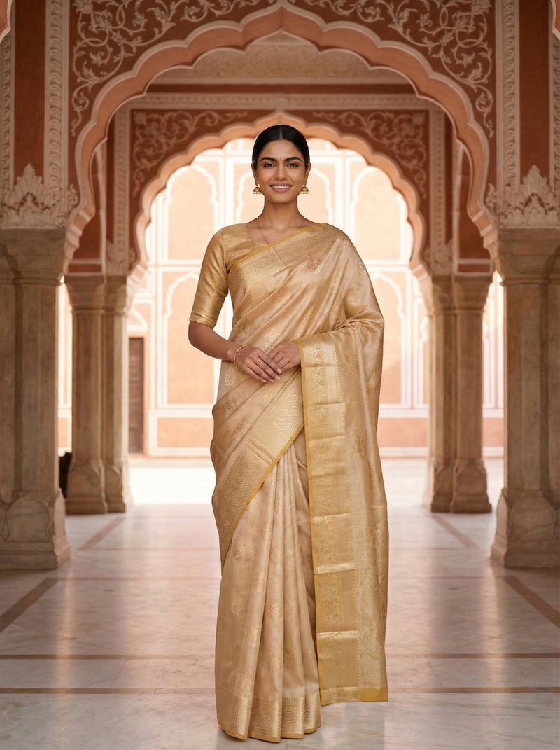 Woman in a gold saree standing in an ornate architectural setting