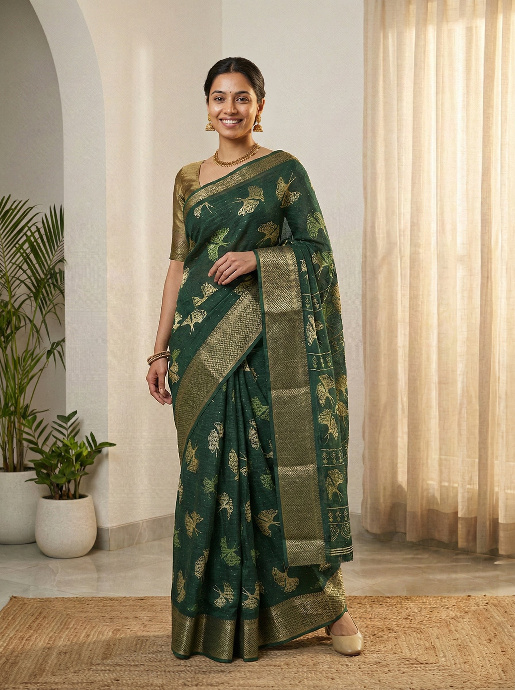 Synthetic Green Festive Saree with Floral Motifs