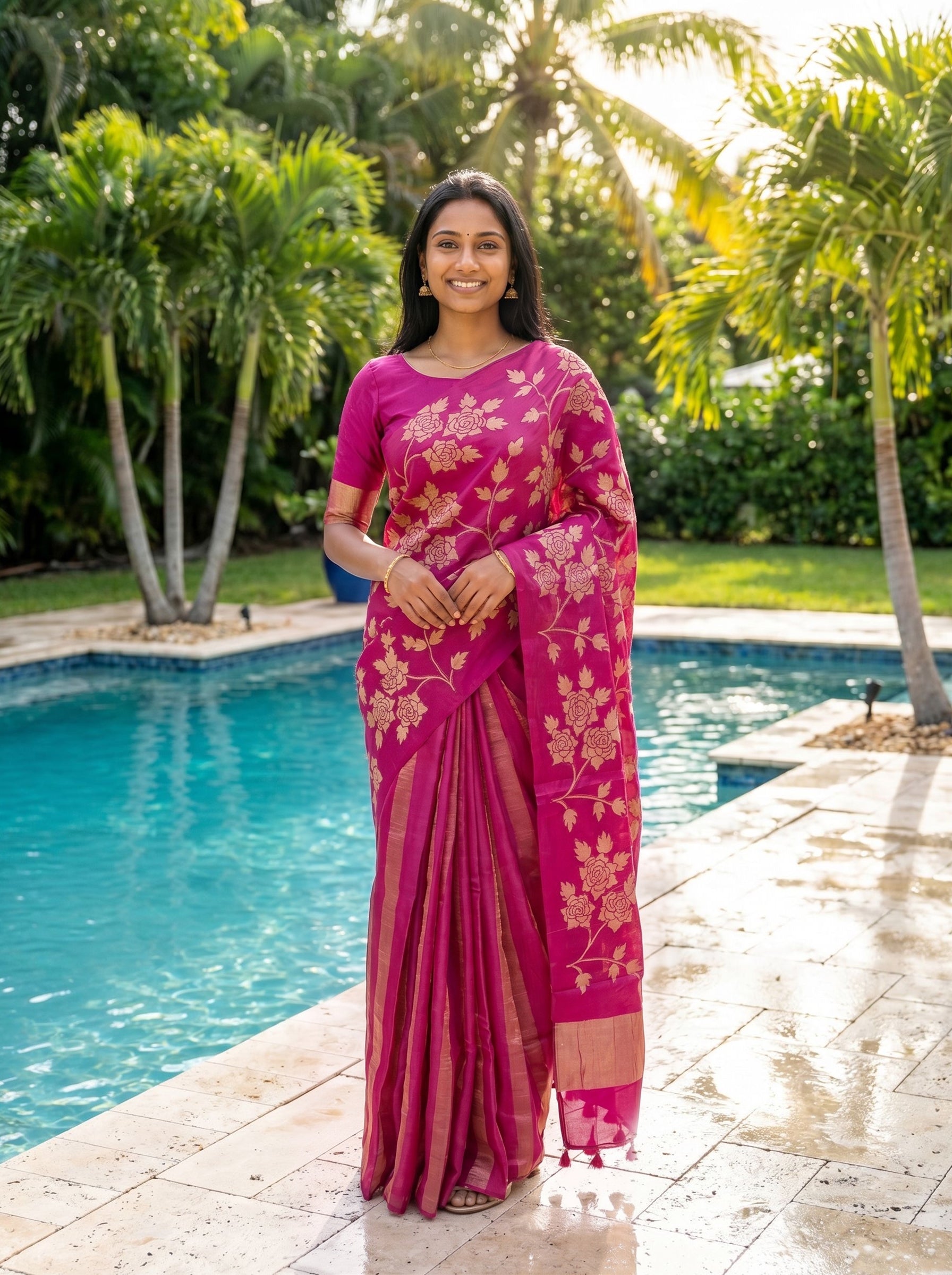 Tussar Magenta Saree with Gold Floral Weaving