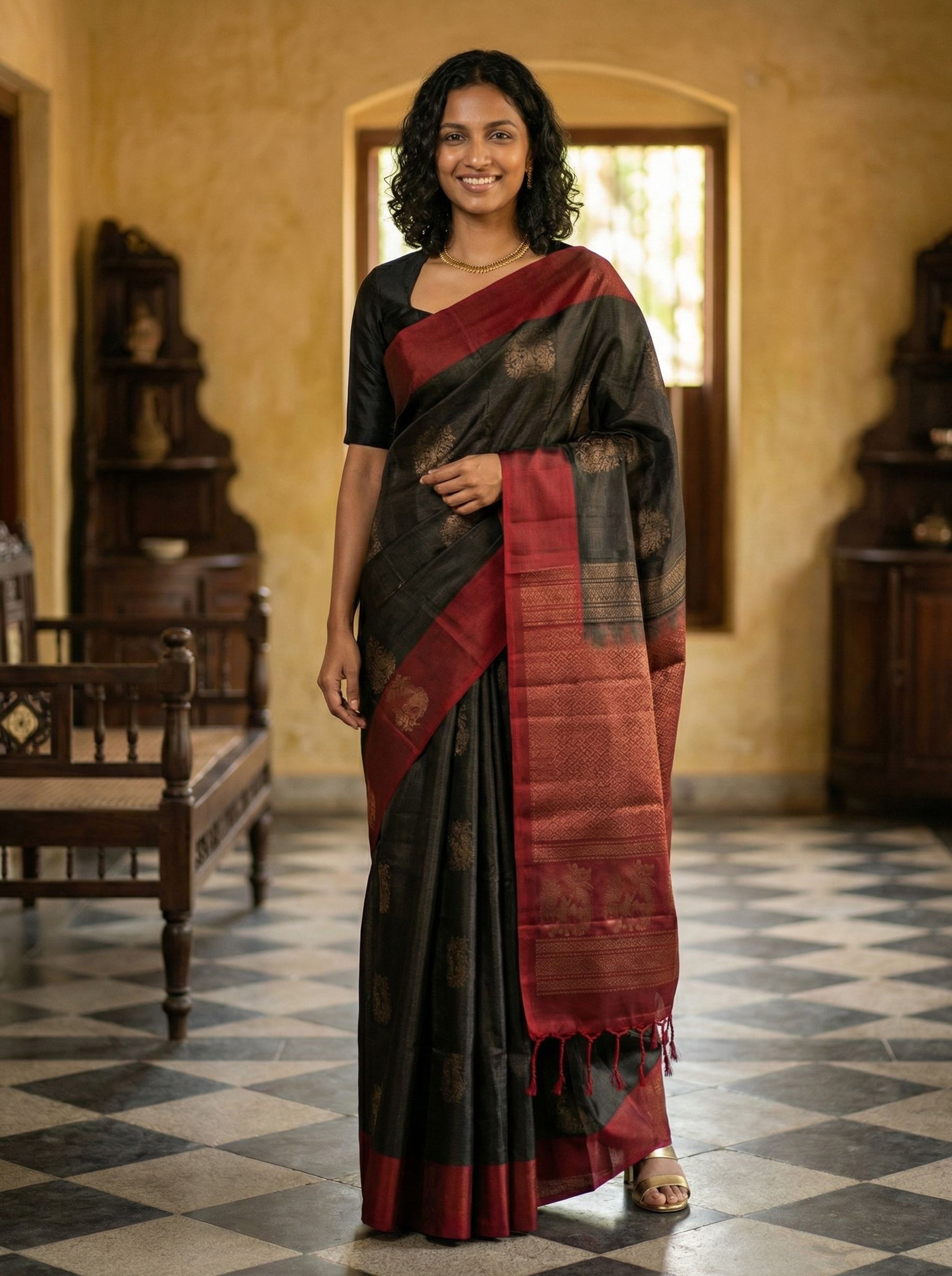 Kanjivaram silk Jet Black and Maroon Saree with Woven Butas and Tassels