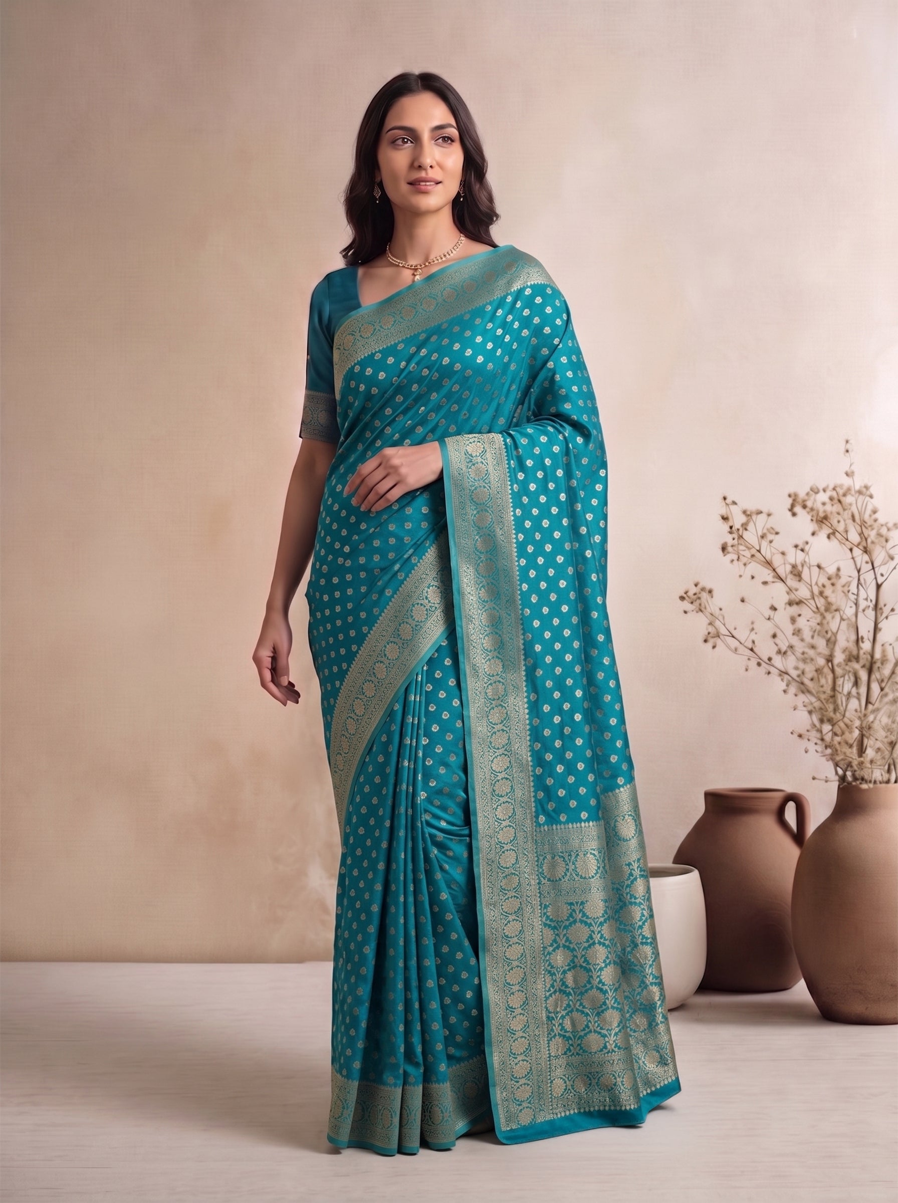 Woman wearing a teal saree with a beige background