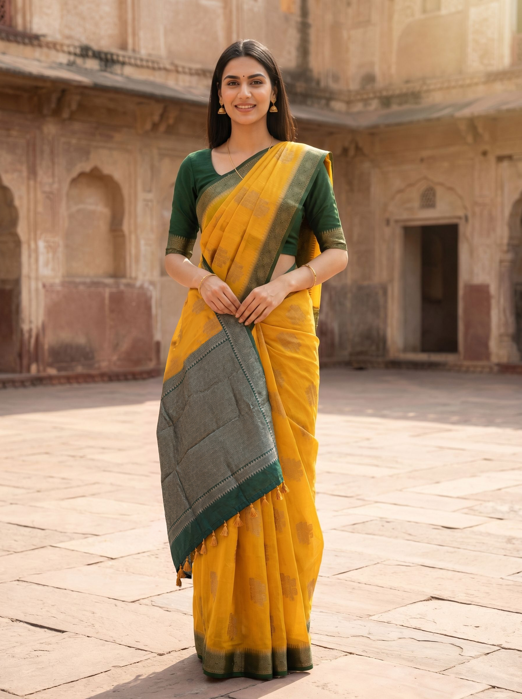 Semi Tussar Mustard Yellow Saree with Green Zari Border