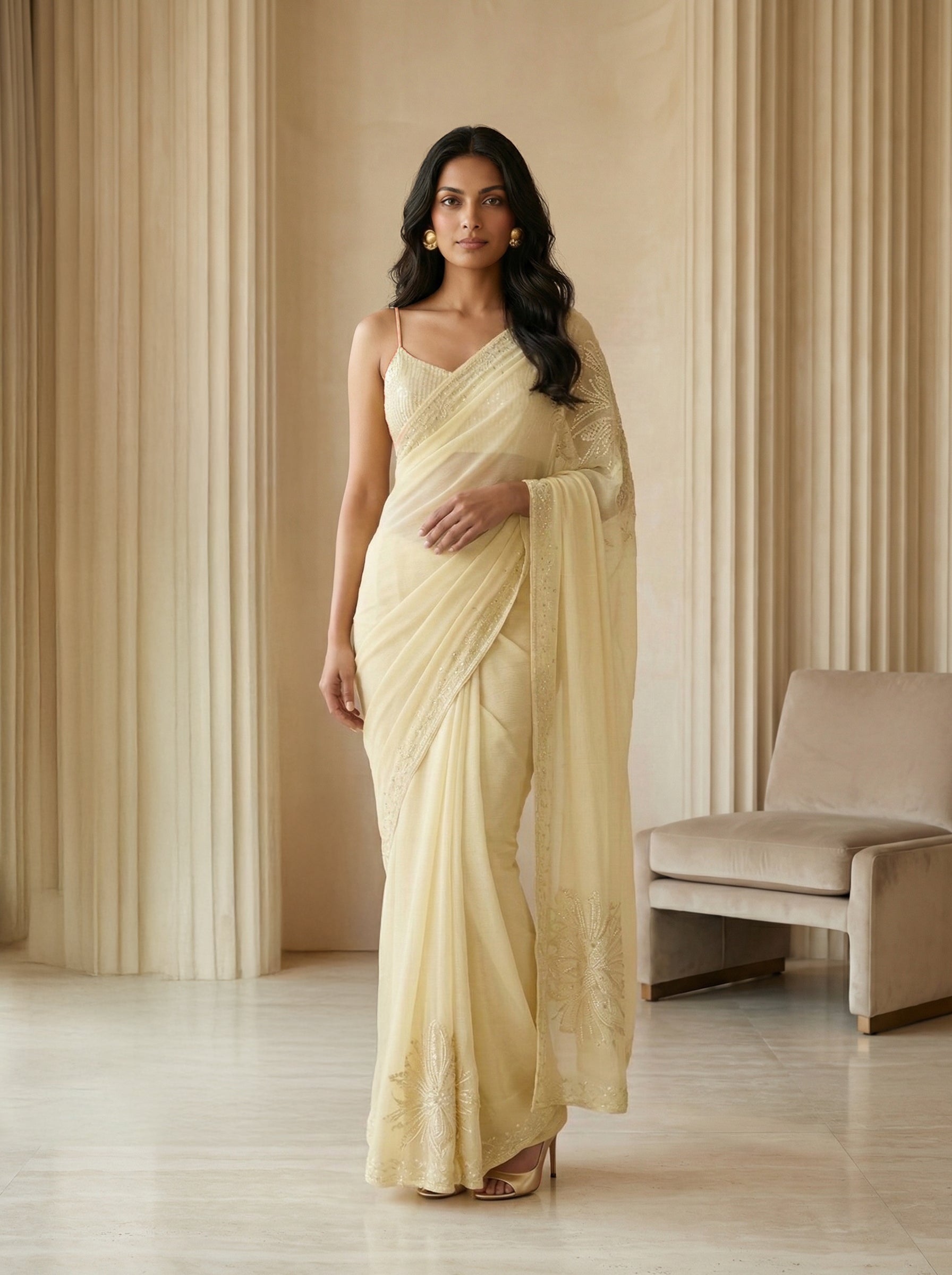 Organza Pastel Yellow Floral Pattern Designer Saree