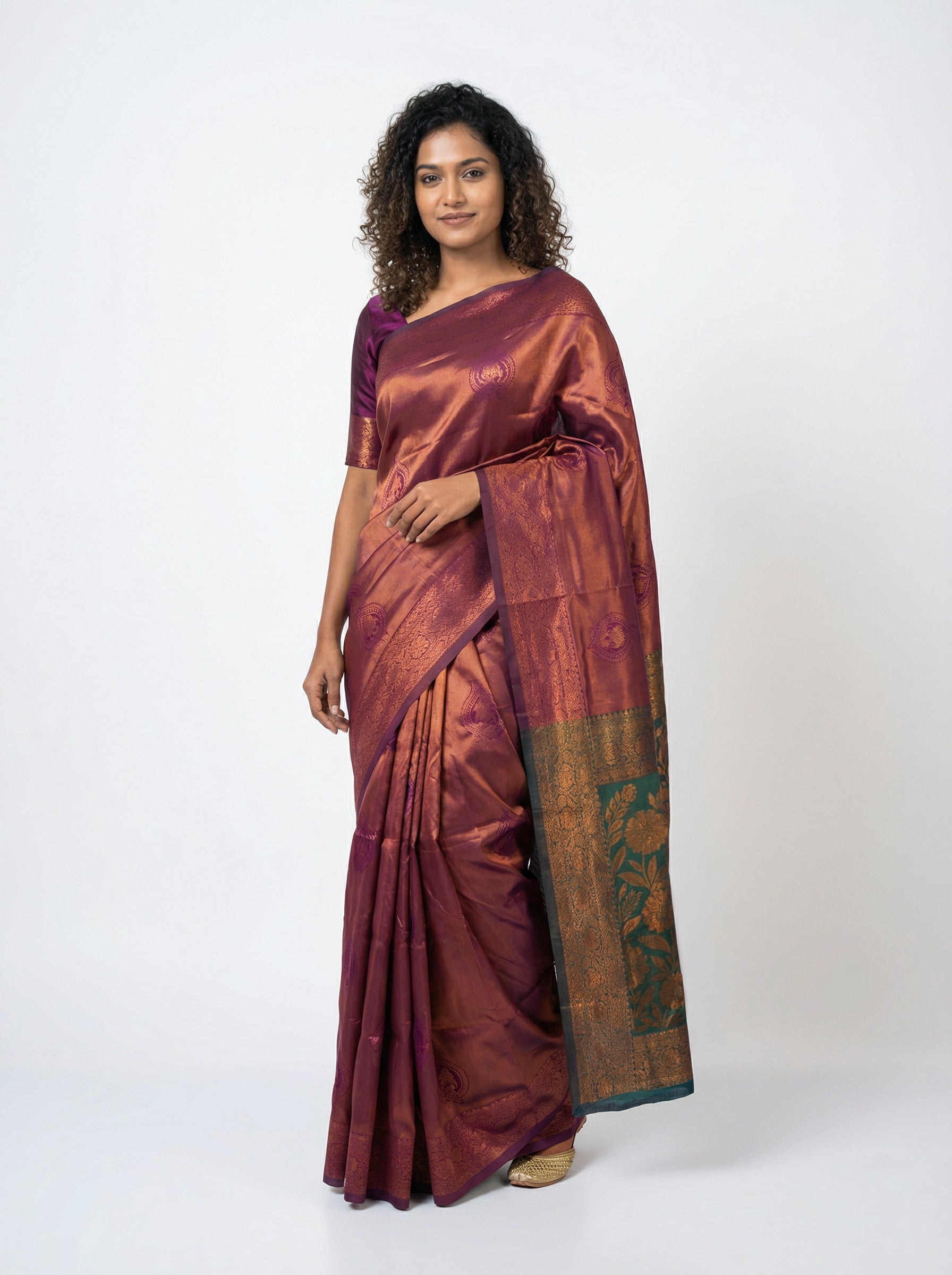 Semi Silk Women’s Grape Saree with Designer Floral Pattern & Green Blouse