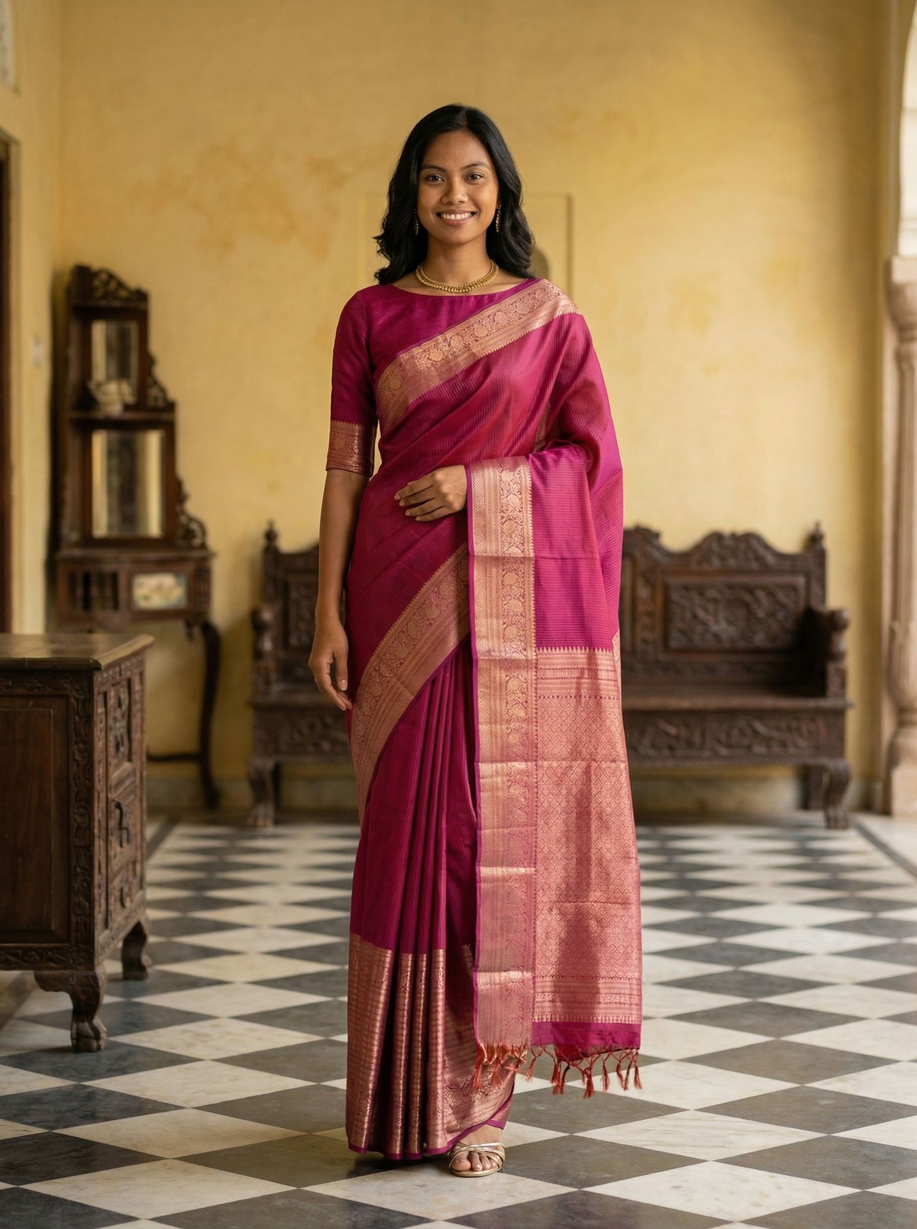 Kanjivaram Pure silk Wine Pink Striped Saree with Zari Border