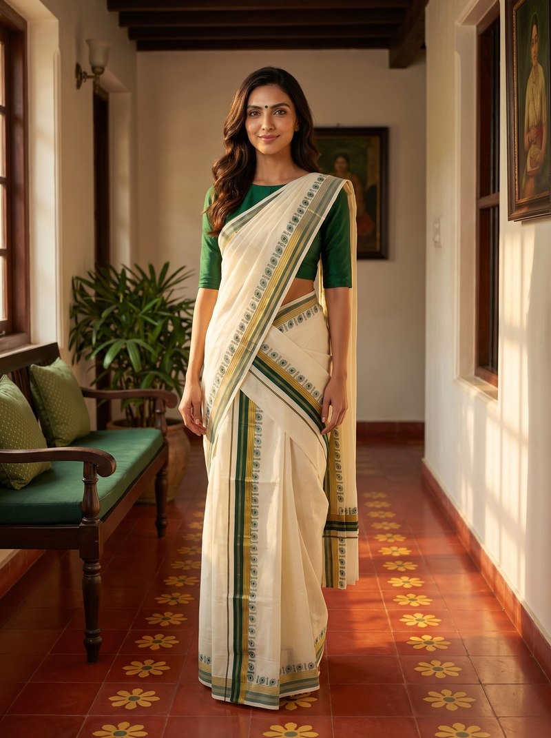Woman in a white saree with green accents standing in a sunlit room.
