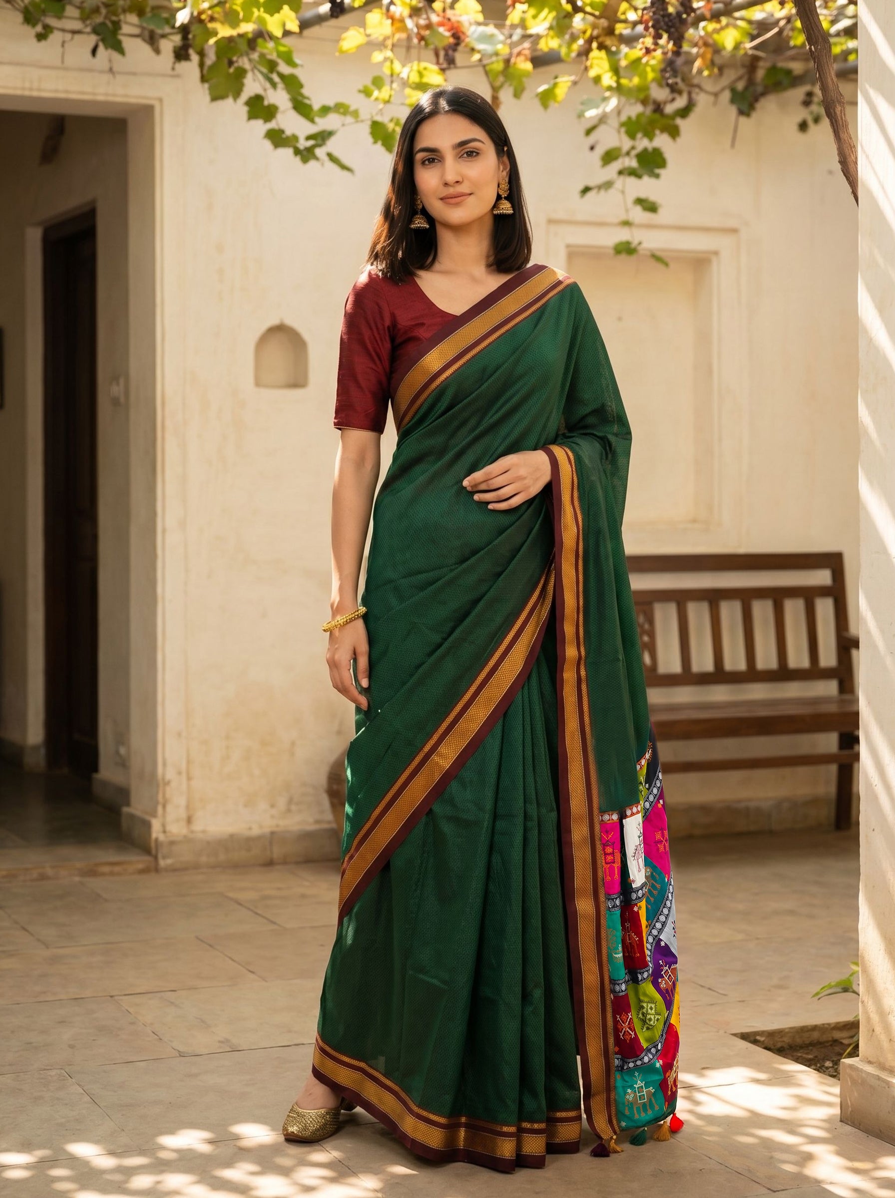 Cotton Forest Green Traditional Patola Border Saree