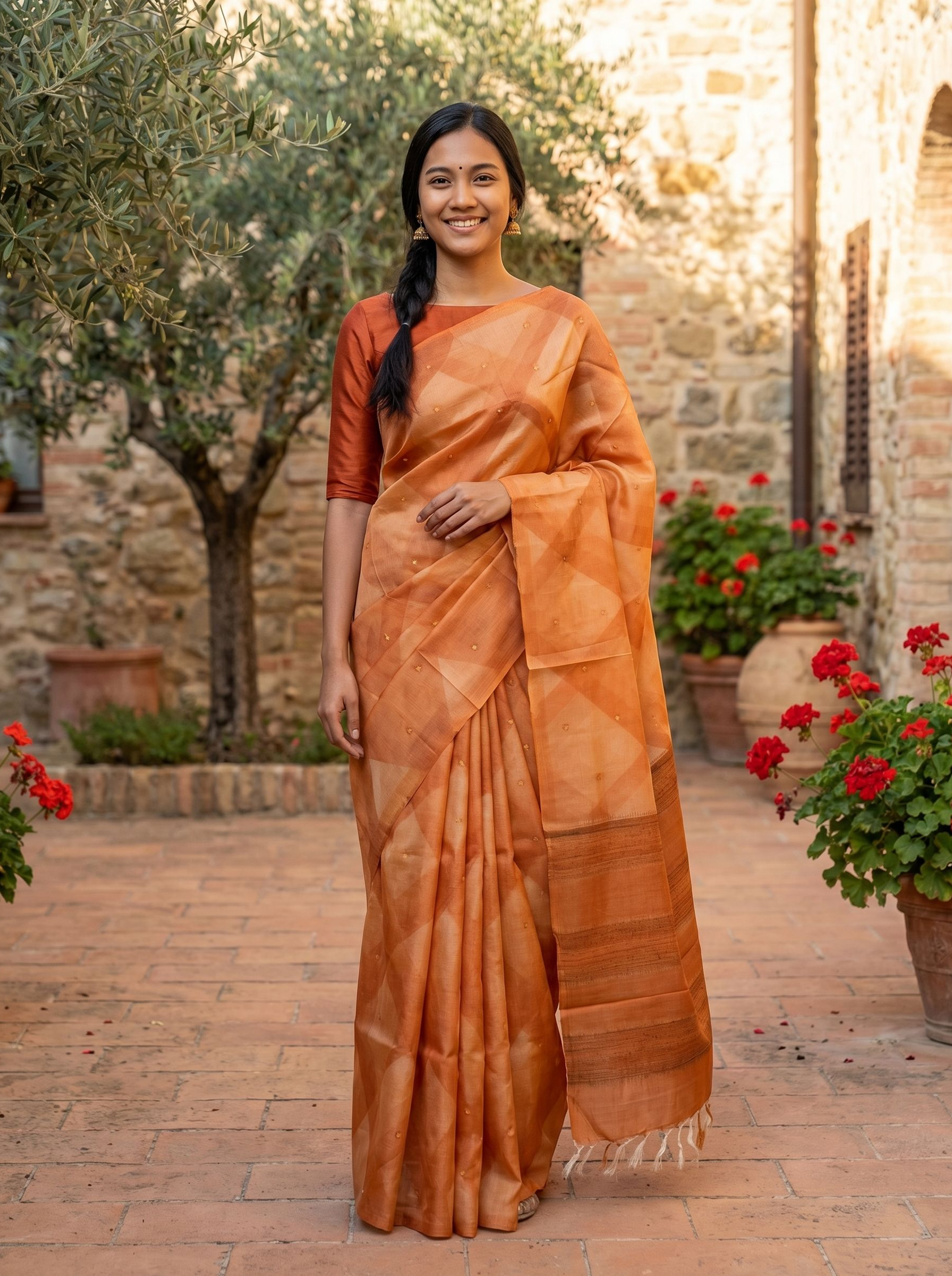 Tussar Peach Orange Saree with Subtle Geometric Weave
