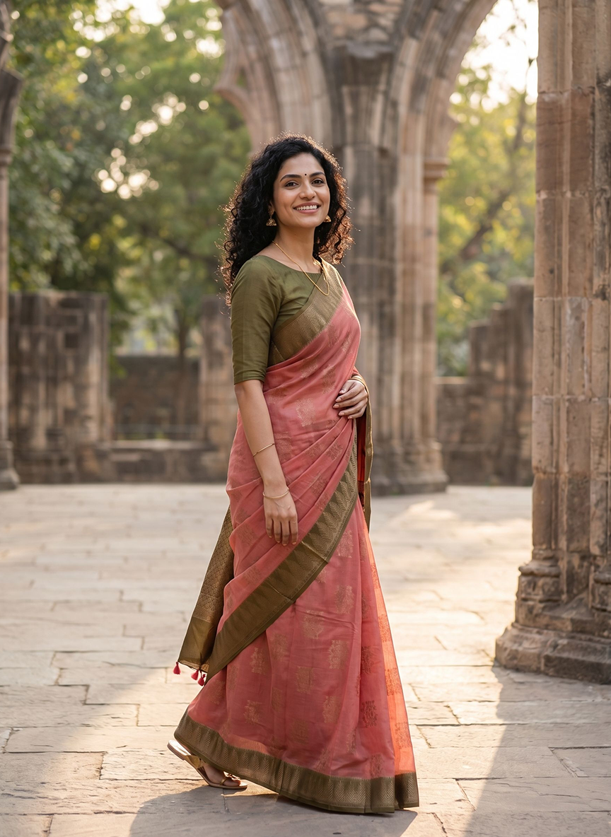 Woman in a traditional saree standing in an outdoor setting with stone architecture and greenery.