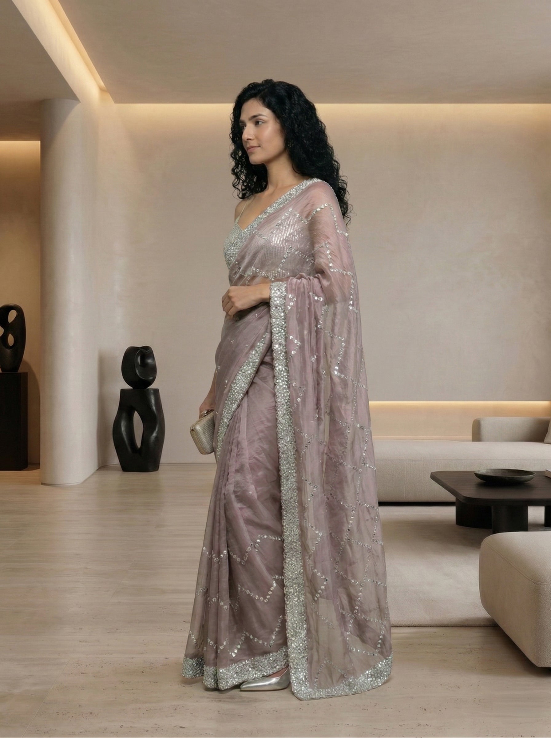 Organza Dusty Mauve Sequin Pattern Designer Saree